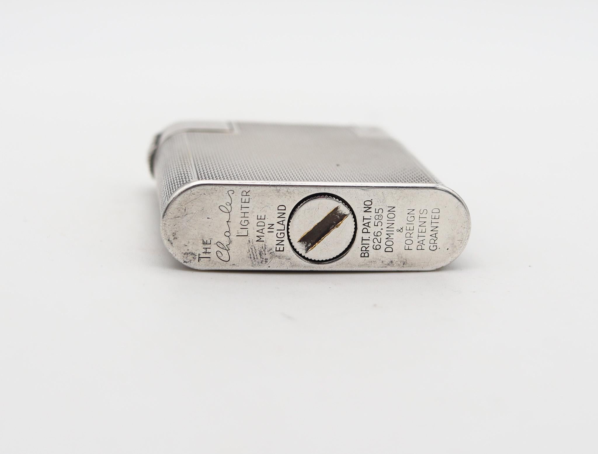 Hand-Crafted The Charles London 1947 Pocket Petrol Lighter Guilloche Plated Sterling Silver For Sale