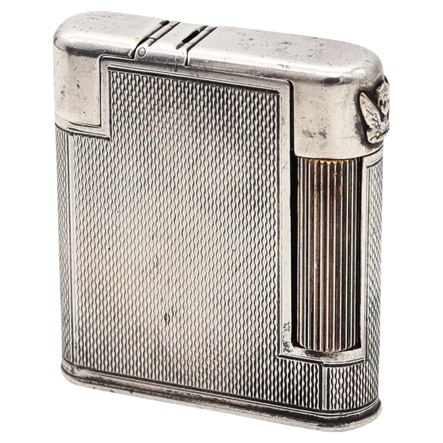 The Charles London 1947 Pocket Petrol Lighter Guilloche Plated Sterling Silver For Sale