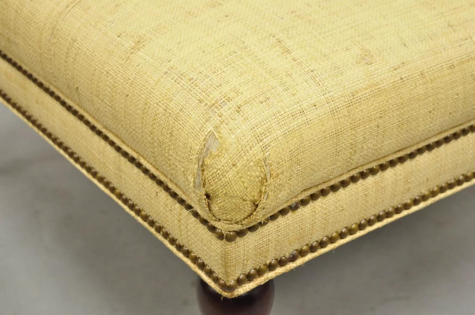Fabric The Charles Stewart Co. Edwardian Style Mahogany Square Ottoman on Brass Castors