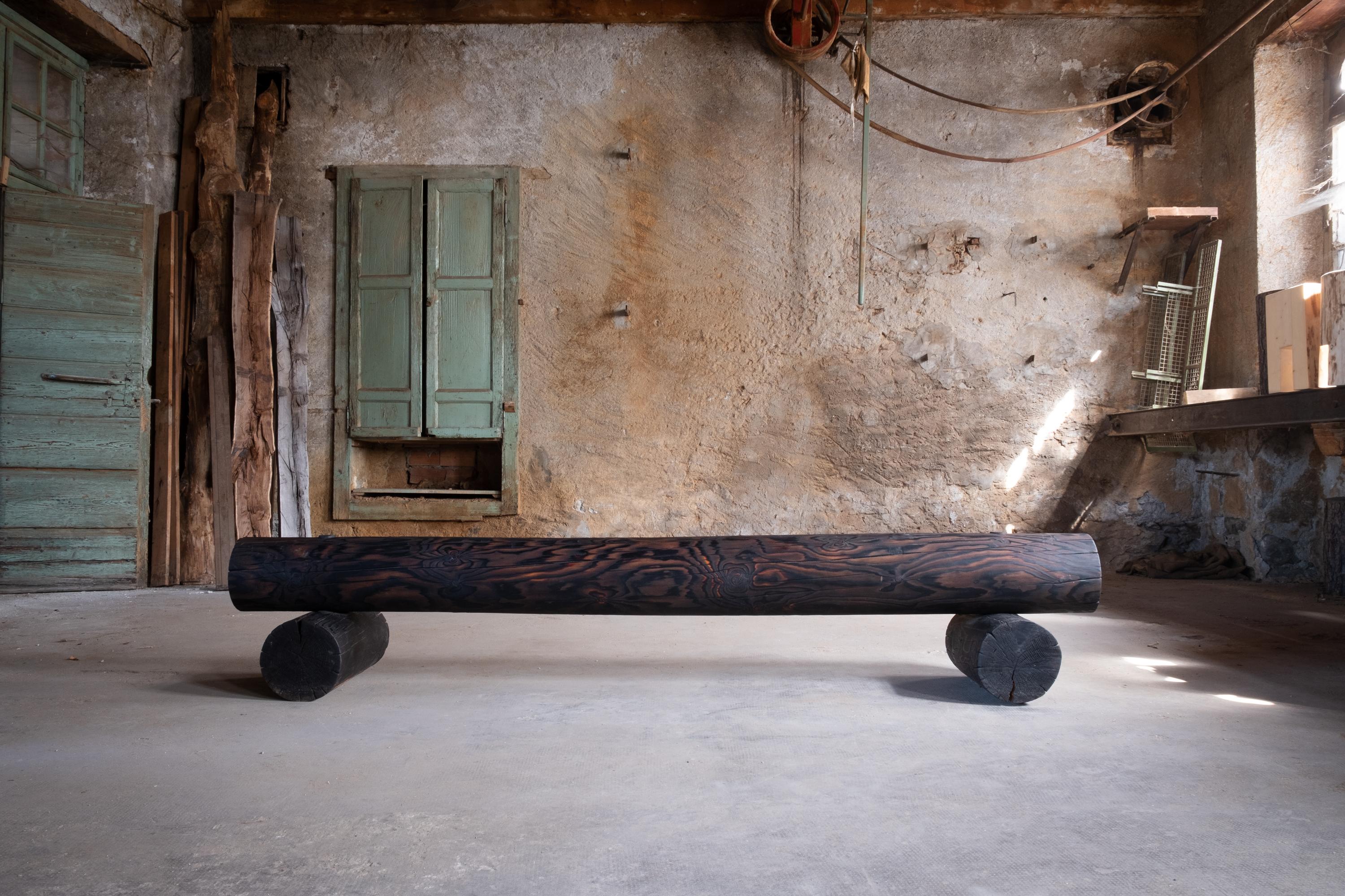 'Charred Larch Bench' by Italian designer-maker Riccardo Monte is suitable for both indoor and outdoor use, ideal as a hall table for example. Inspired by the regional tradition of the Walser architecture of the Alps, it emblematises a process that