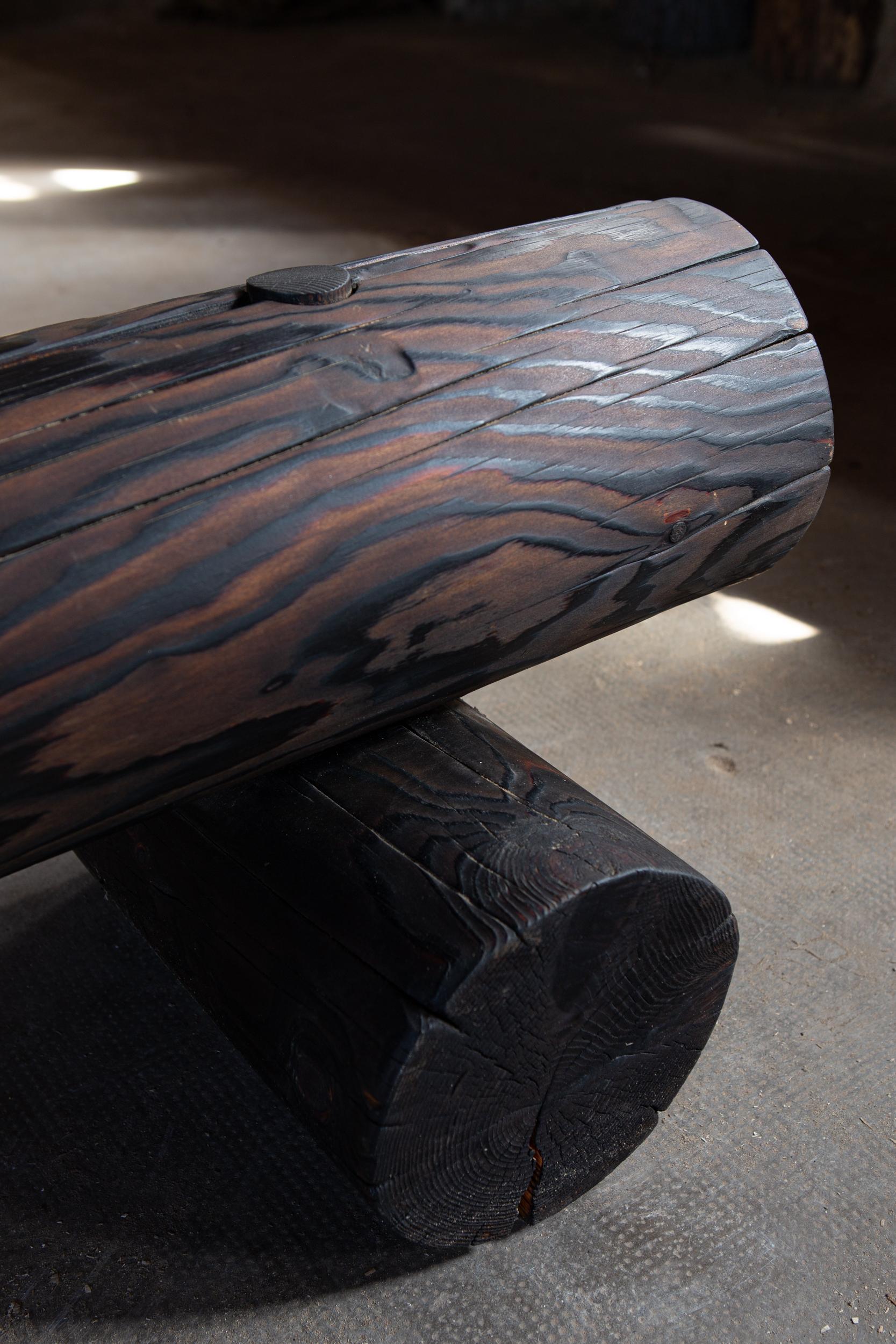 Italian Low bench hand carved in larch and charred using the shou sugi ban tradition For Sale