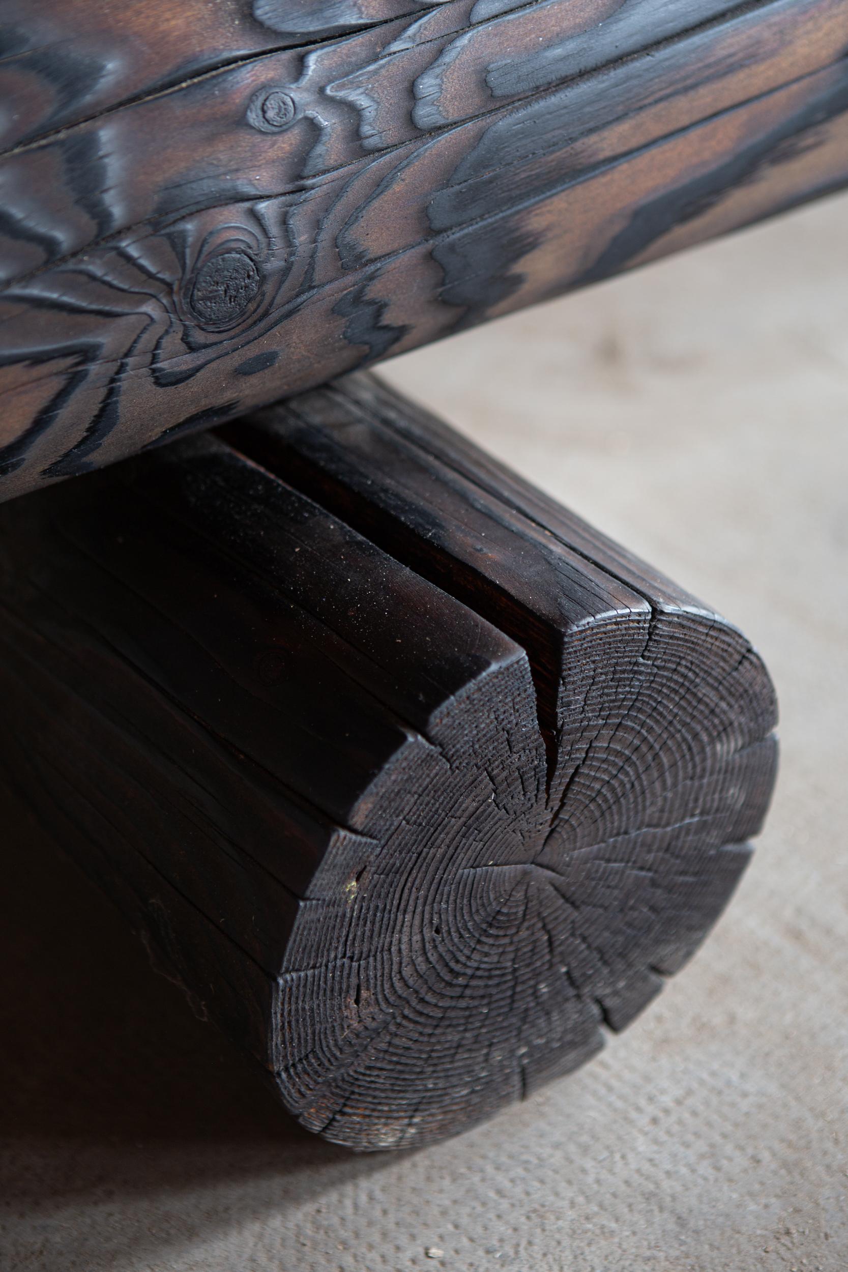 Hand-Carved Low bench hand carved in larch and charred using the shou sugi ban tradition For Sale