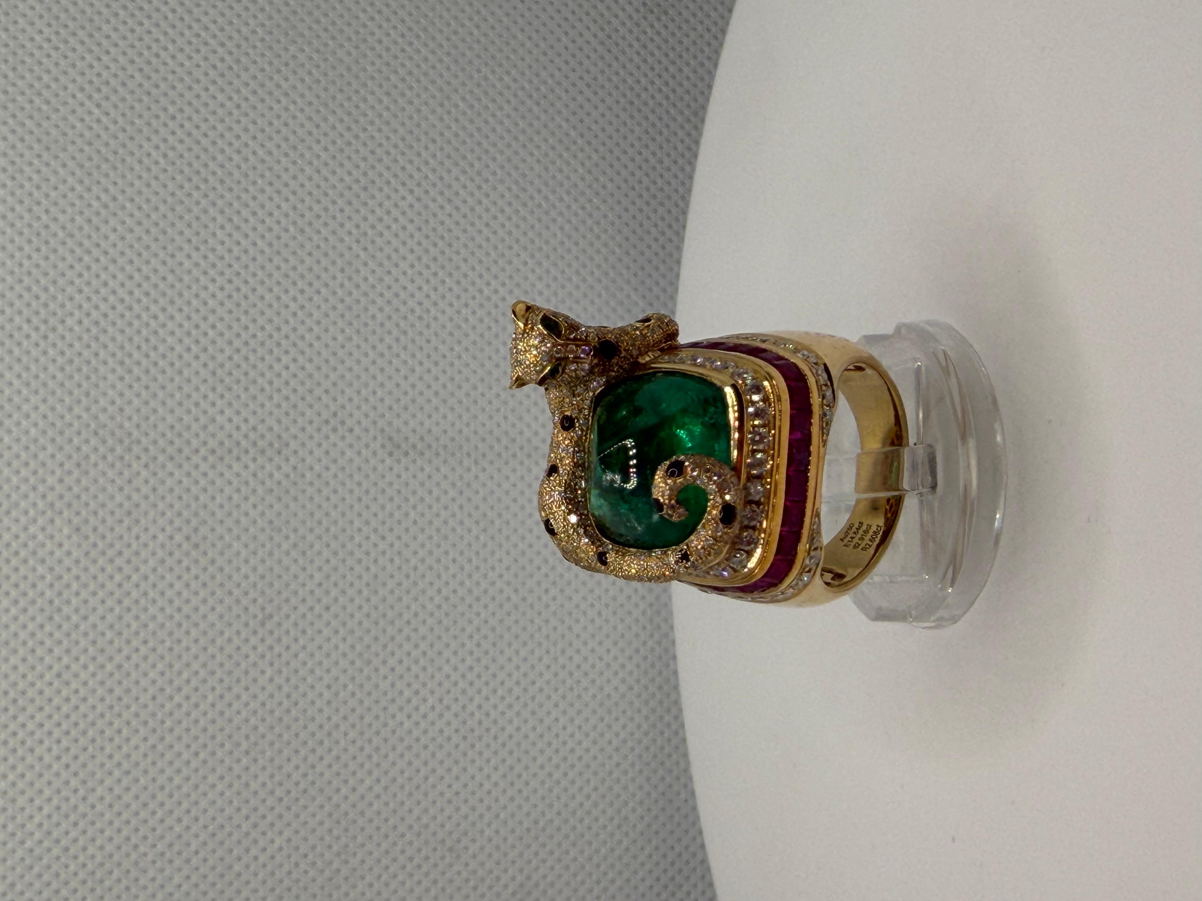 Die Gepardenumarmung - 14,80ct sambischer Zuckerhut Smaragd & Rubin Diamant Ring im Angebot 12