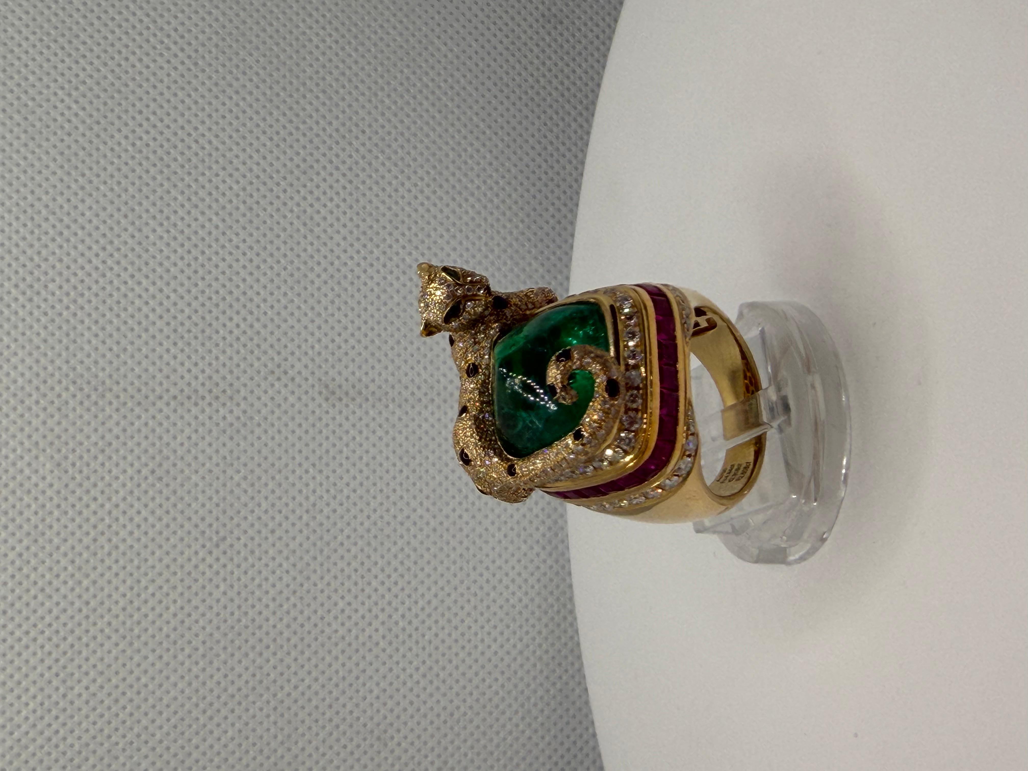 Die Gepardenumarmung - 14,80ct sambischer Zuckerhut Smaragd & Rubin Diamant Ring im Angebot 14