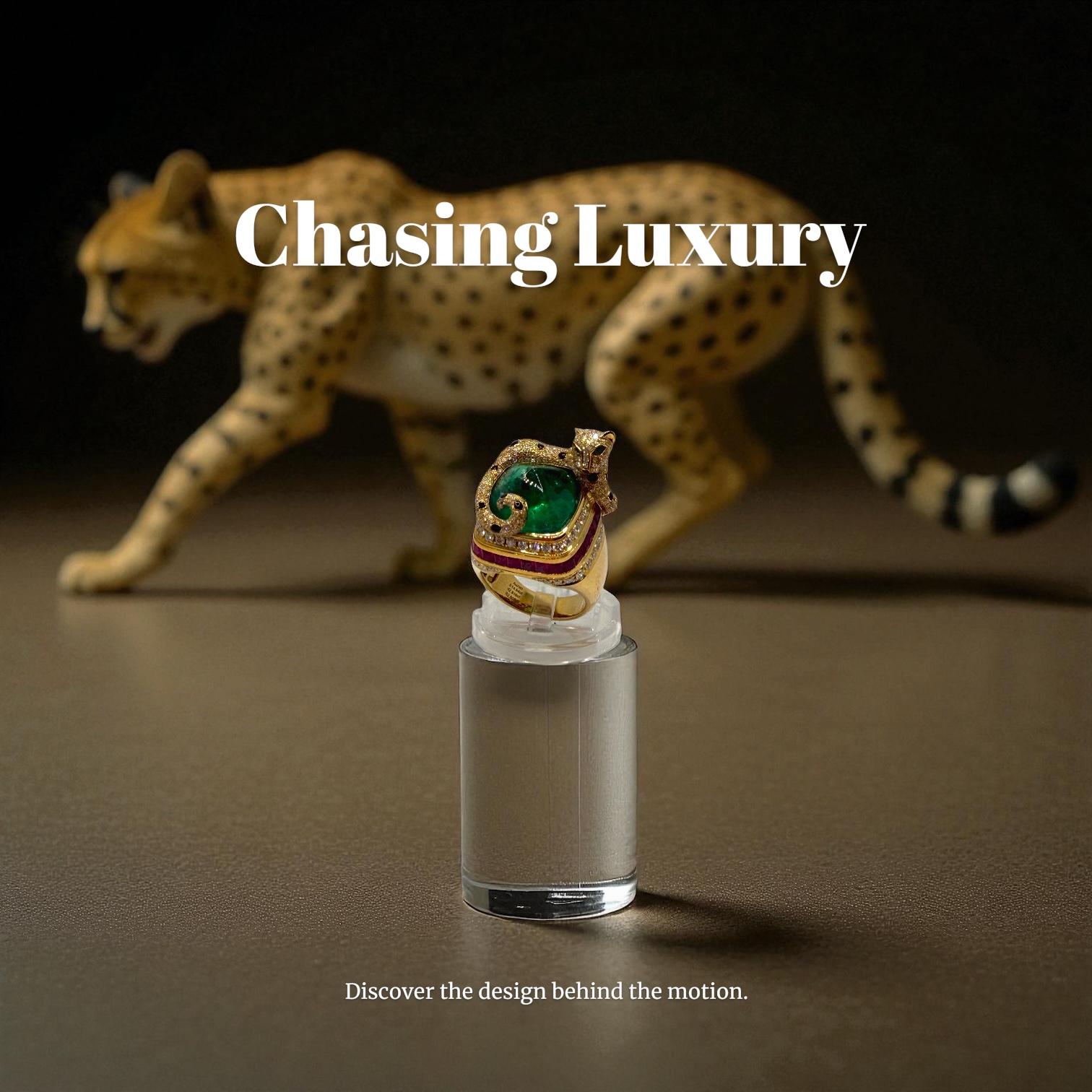 Die Gepardenumarmung - 14,80ct sambischer Zuckerhut Smaragd & Rubin Diamant Ring (Kegel-Cabochon) im Angebot