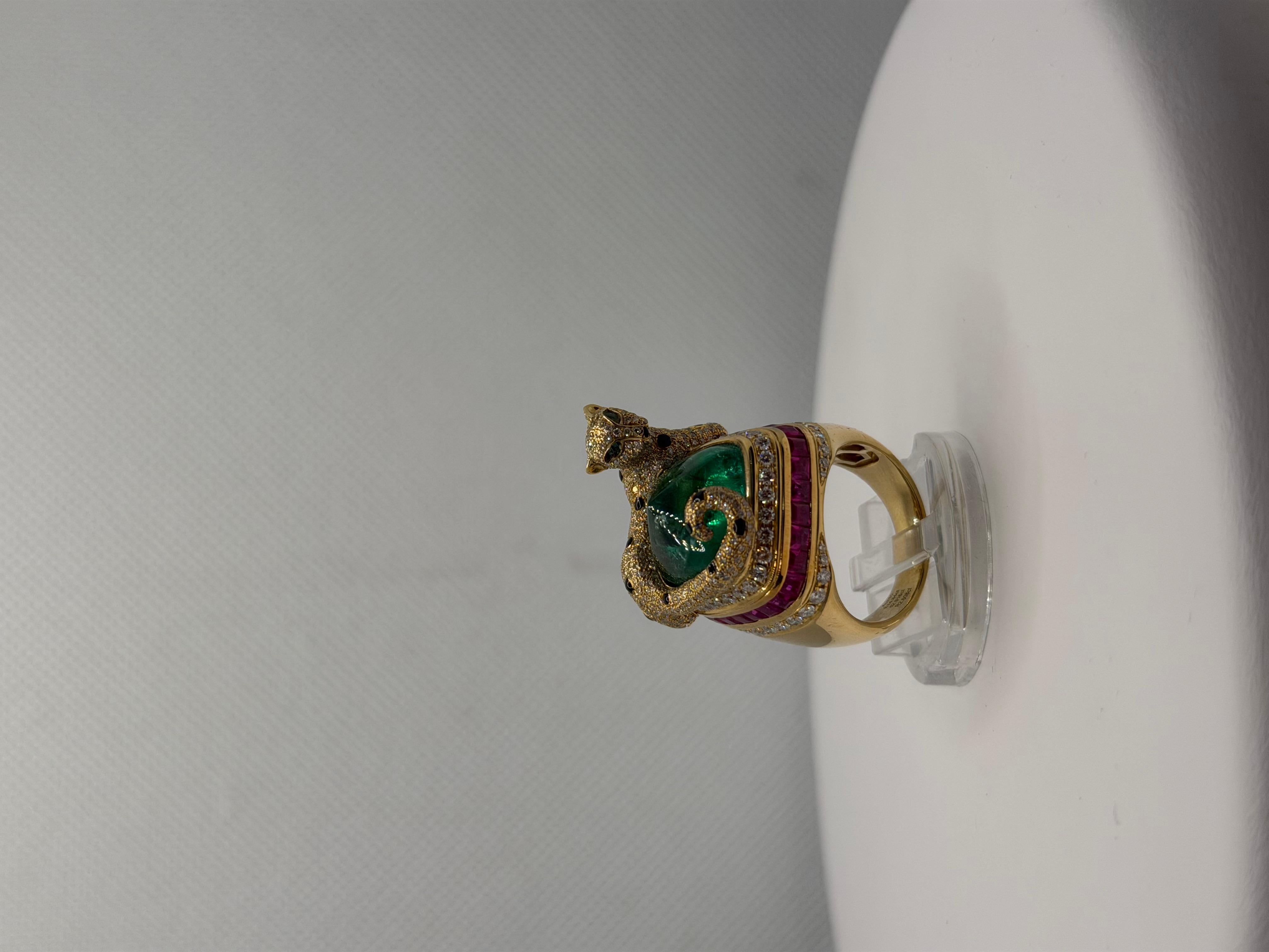 Die Gepardenumarmung - 14,80ct sambischer Zuckerhut Smaragd & Rubin Diamant Ring im Angebot 4