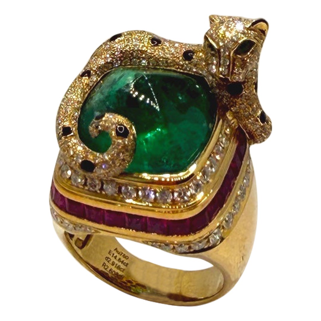 Die Gepardenumarmung - 14,80ct sambischer Zuckerhut Smaragd 
Rubin Diamant Ring im Angebot
