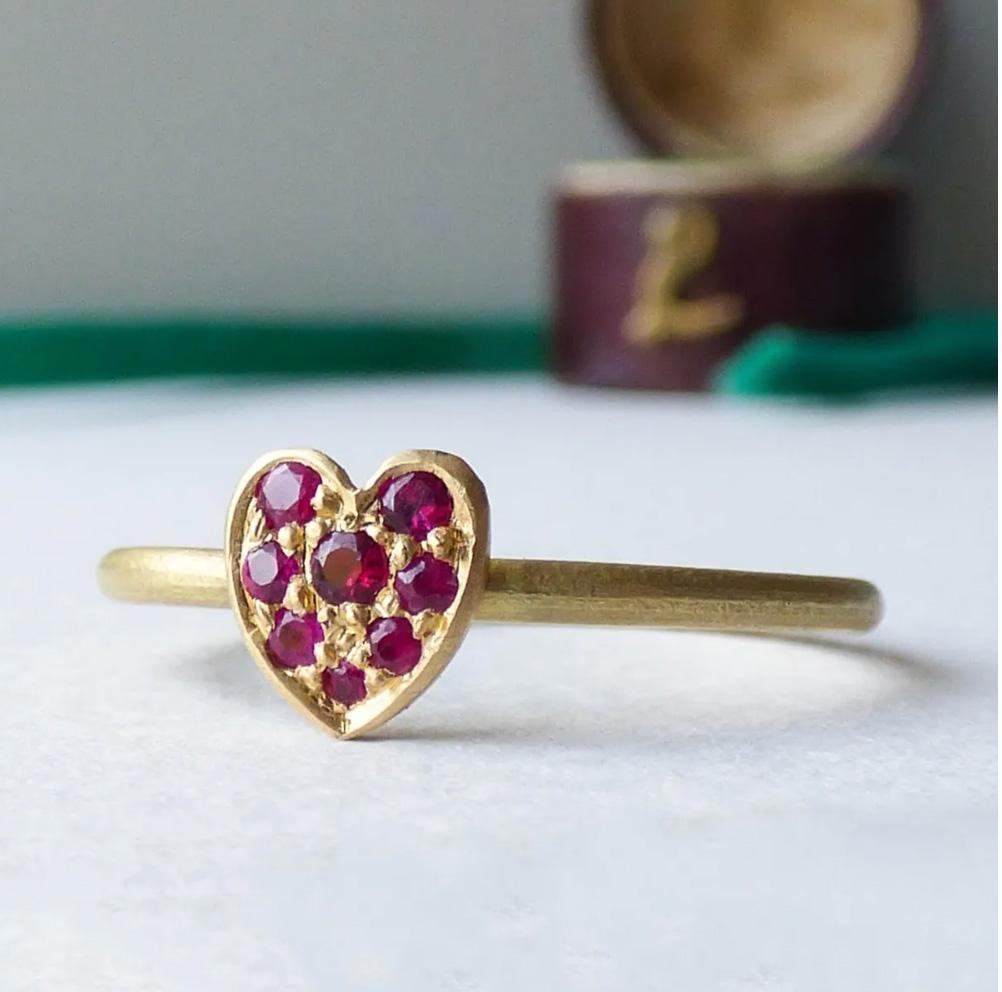 For Sale:  The Cherish-Ruby Ethical Gold Heart Ring 18ct Fairmined Gold 5