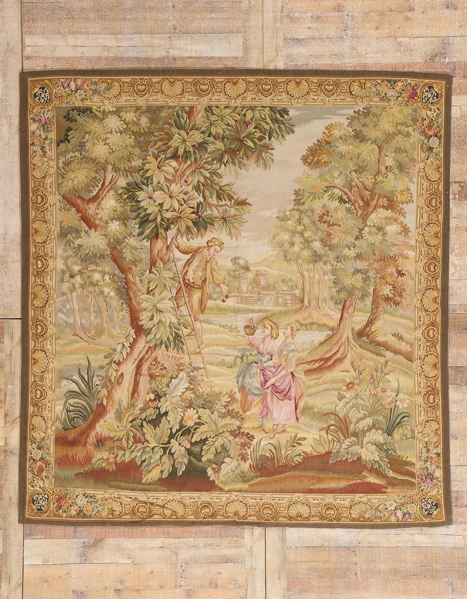 The Cherry Harvest: A Louis XIV Style Tapestry of Rococo Romance For Sale 2