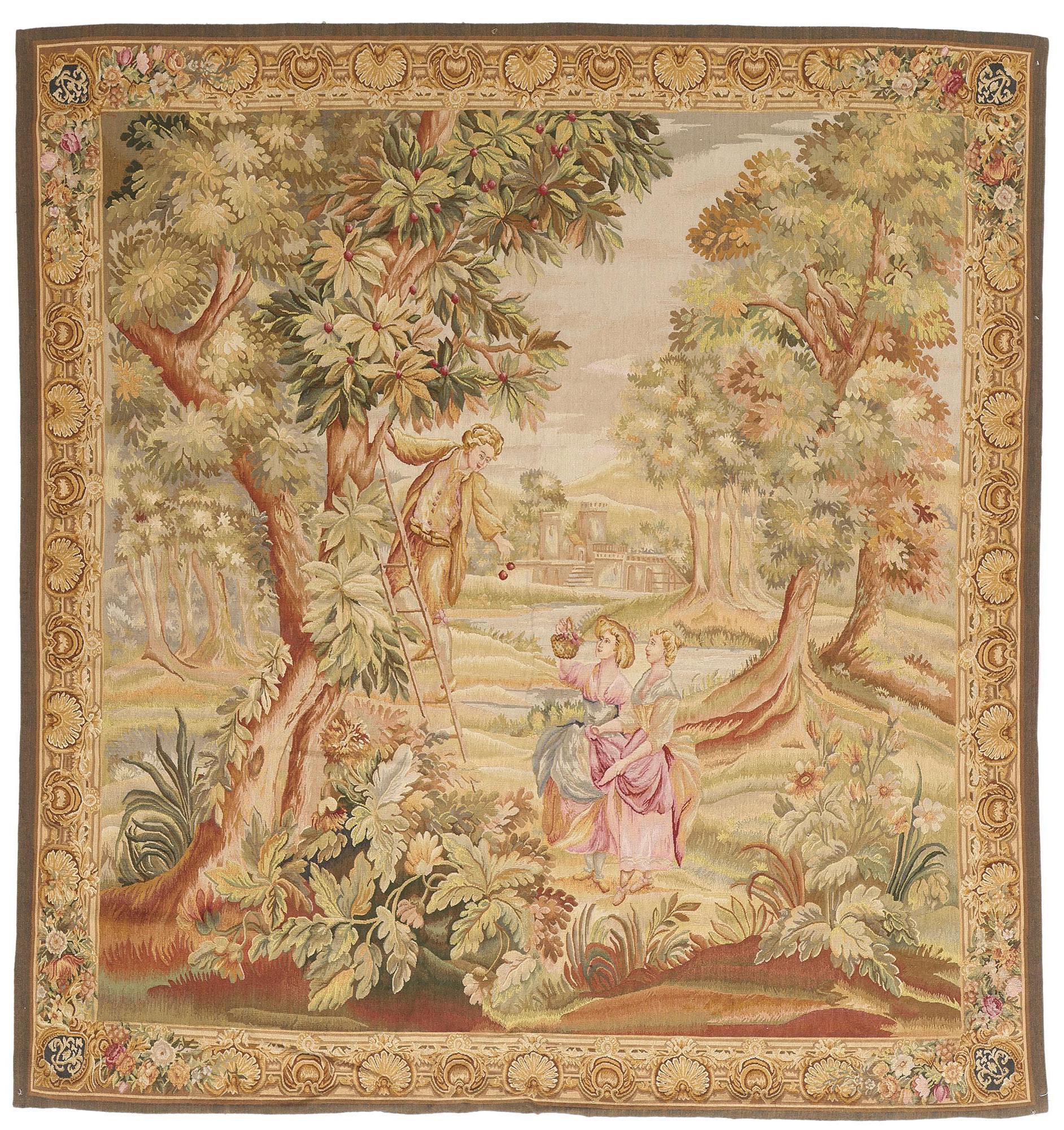 The Cherry Harvest: A Louis XIV Style Tapestry of Rococo Romance For Sale 3