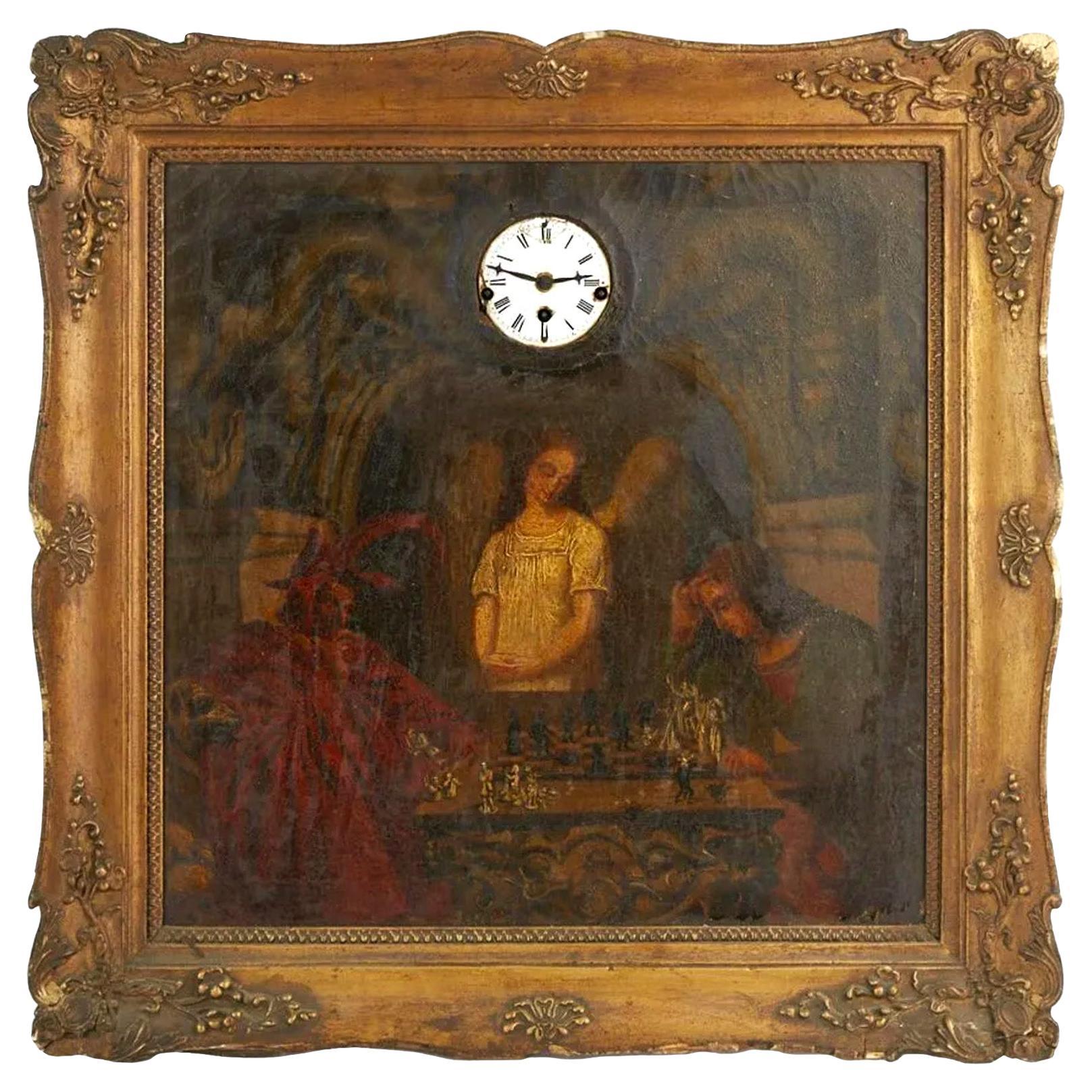 Chess Players After Moritz Retzsch Painting & Clock For Sale