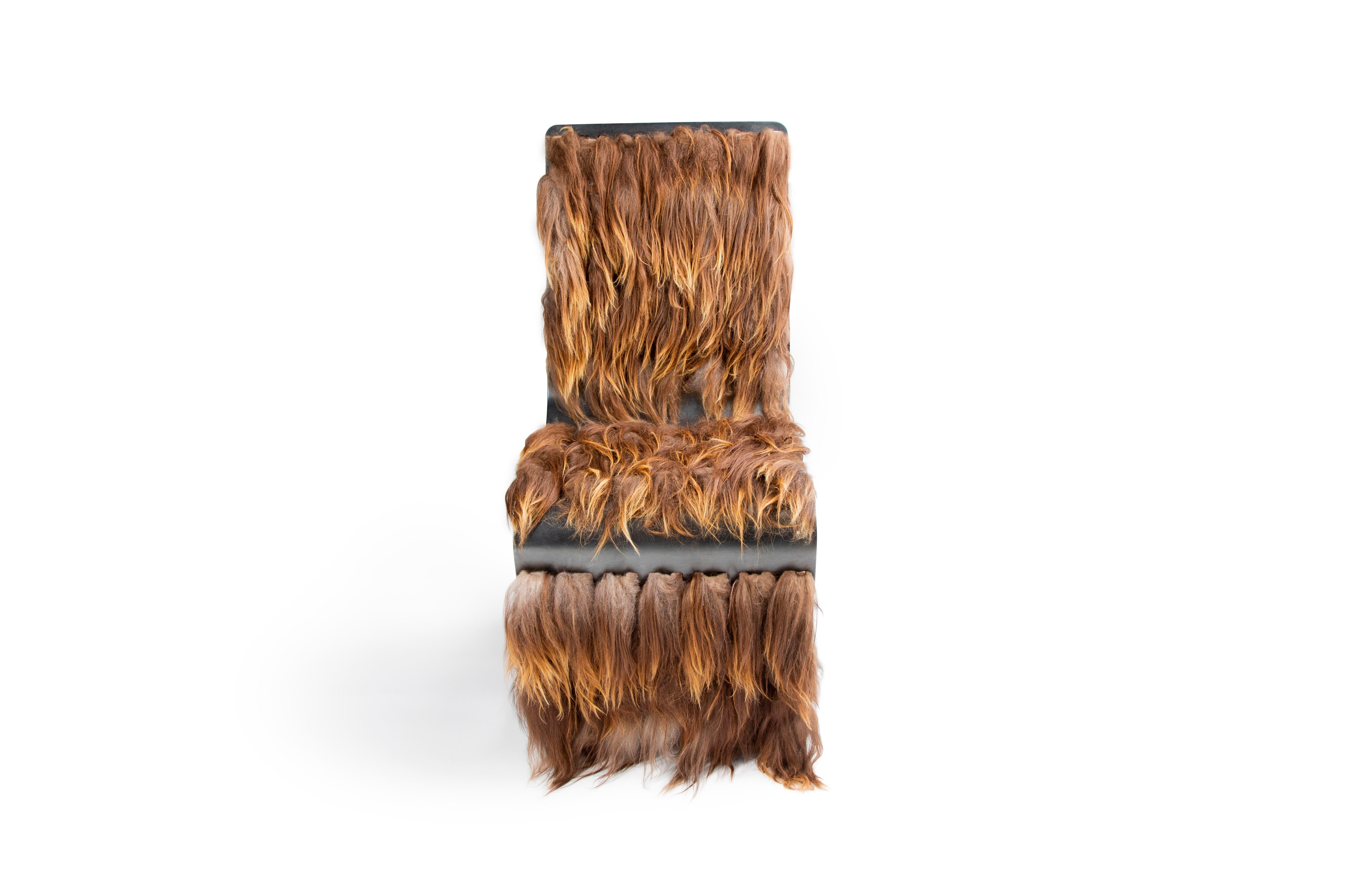 Star Wars fans will be talking! This steel chair weaves Icelandic fur into the intricate steel cutouts to make a statement piece for any contemporary environment. Handmade in Bozeman, Montana, this eclectic piece offers comfort, durability and