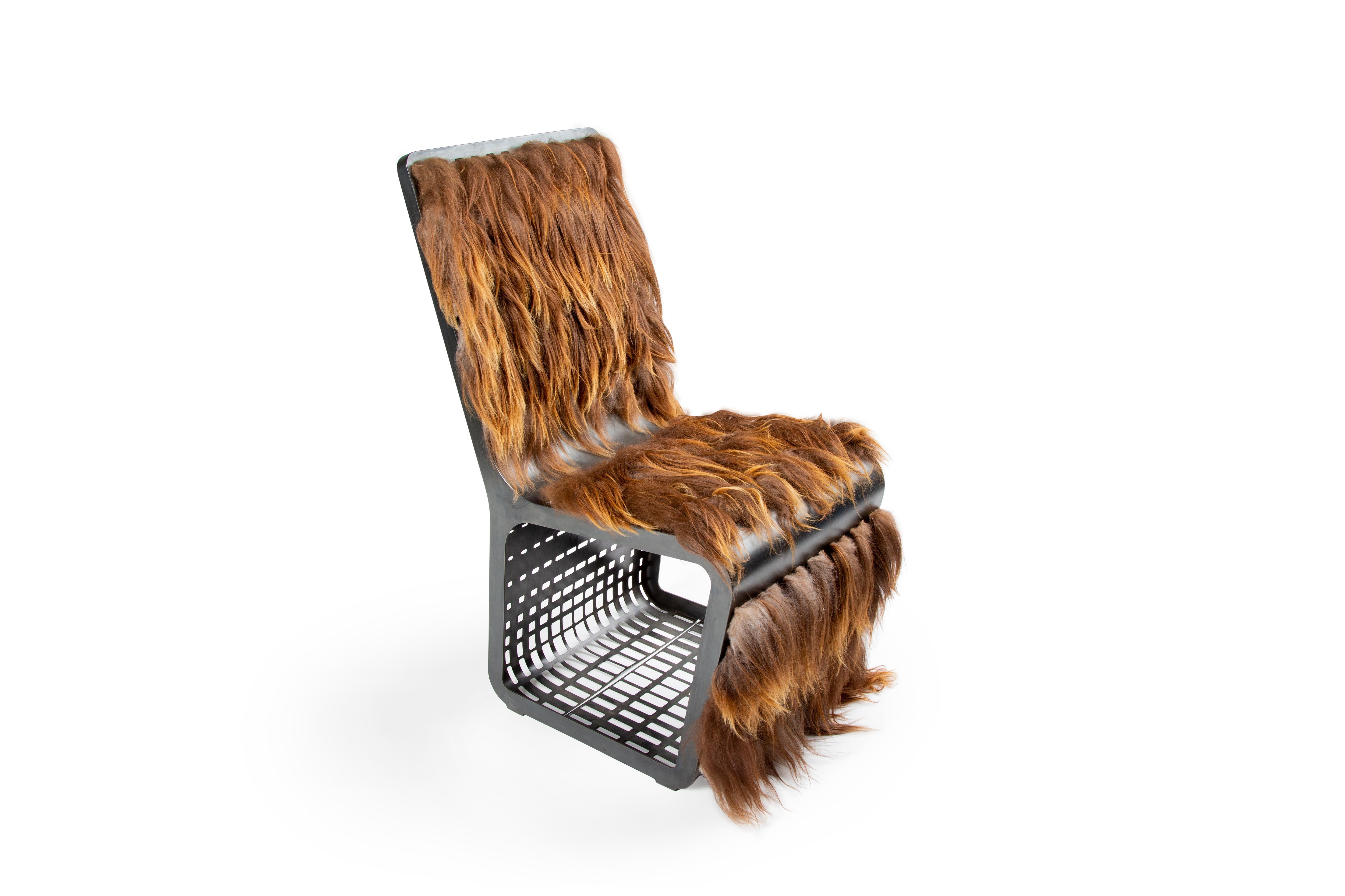Patinated Star Wars Chewbacca Chair, Modern laser Cut Steel Chair with Woven Icelandic Fur For Sale