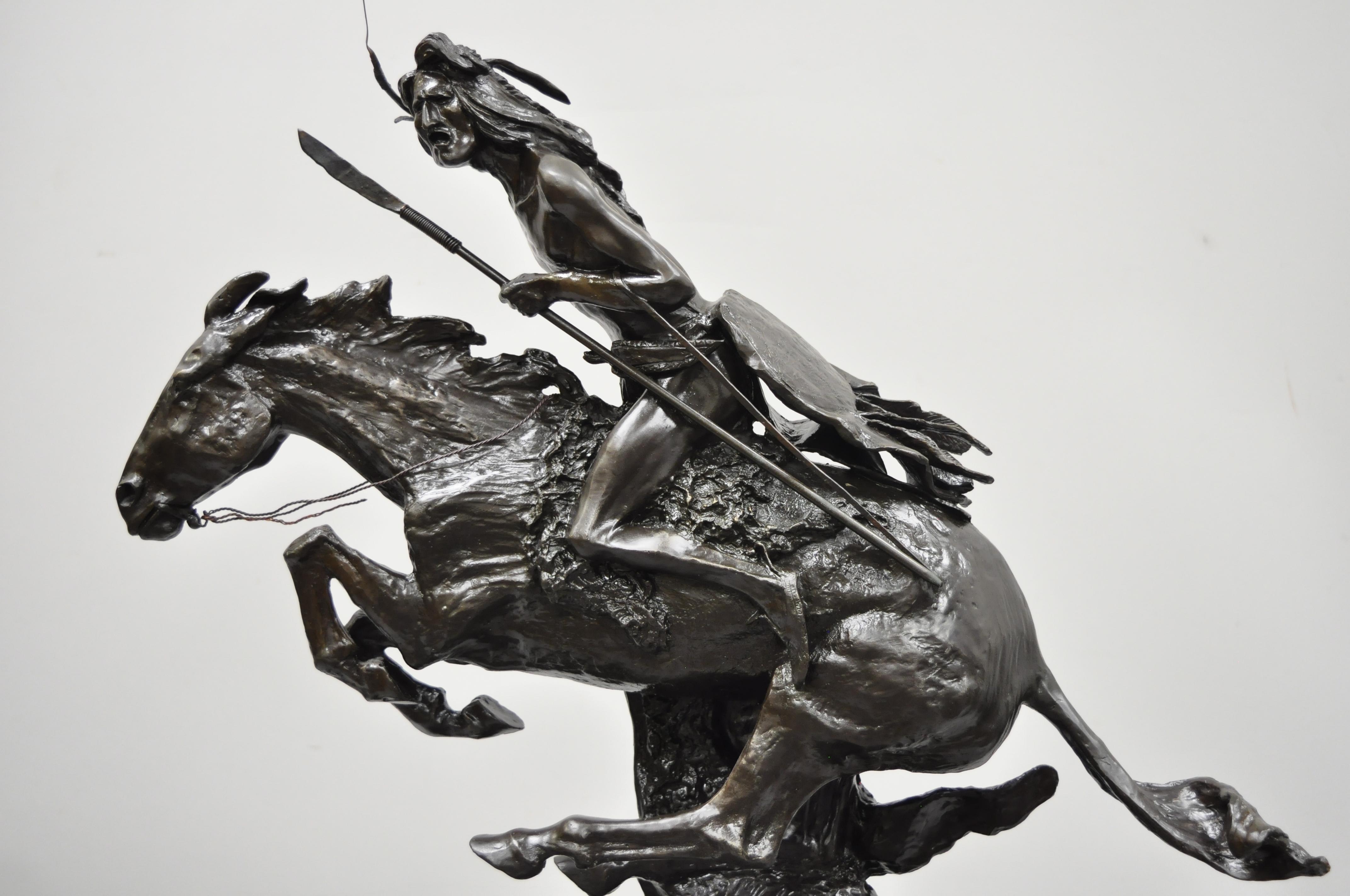 The Cheyenne after Frederic Remington bronze sculpture limited 279/575 with marble base. Features Limited Edition 279/575, cast bronze sculpture, green marble base, original tag, very nice item, circa late 20th century. Measurements: 23