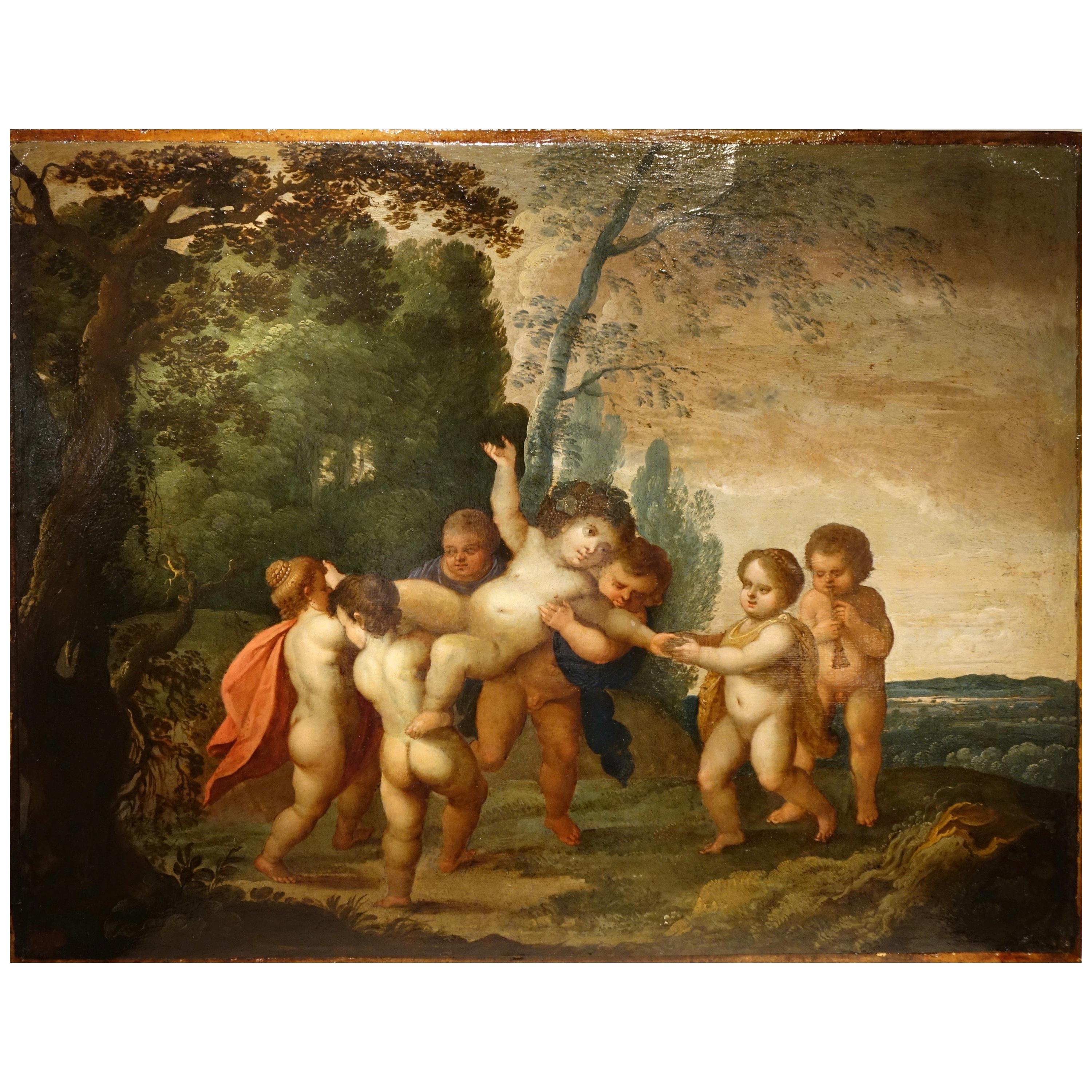 The Childhood of Bacchus, 17th century Flemish oil on copper painting.
Attributed to the Jan van Balen (1611-1654) who was a Flemish painter known for his Baroque paintings of history and allegorical subjects.
Oil on copper
Illegible collection