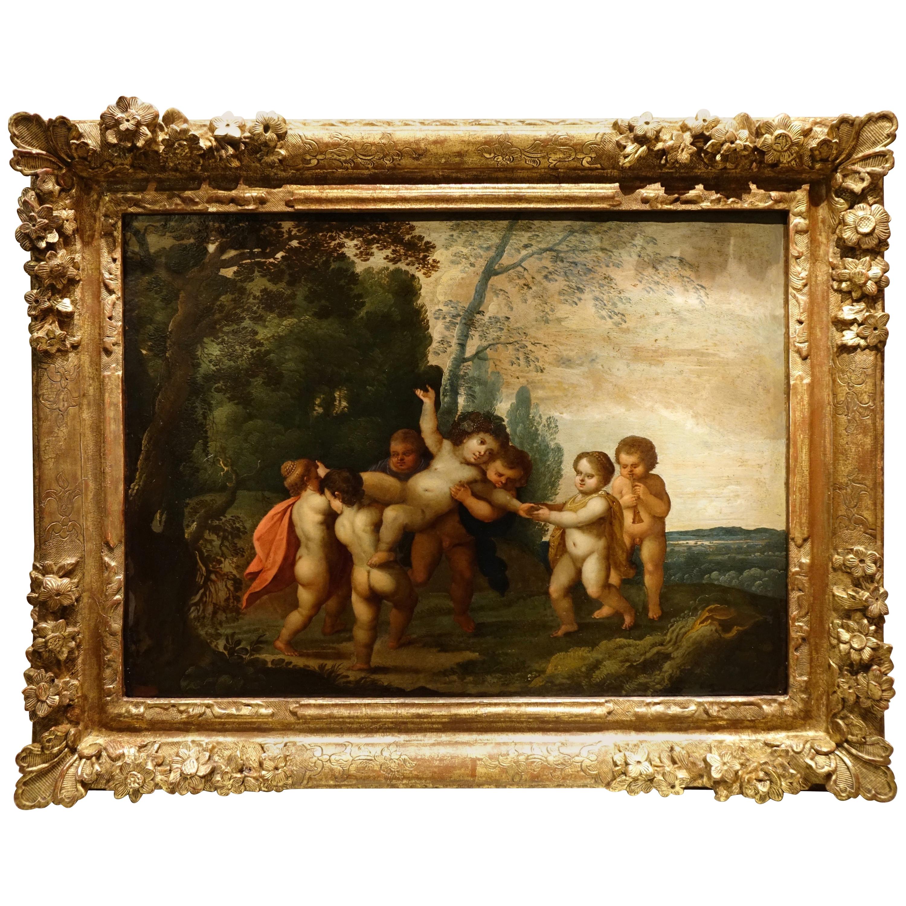 "The Childhood of Bacchus, " 17th Century Flemish Oil on Copper Painting For Sale