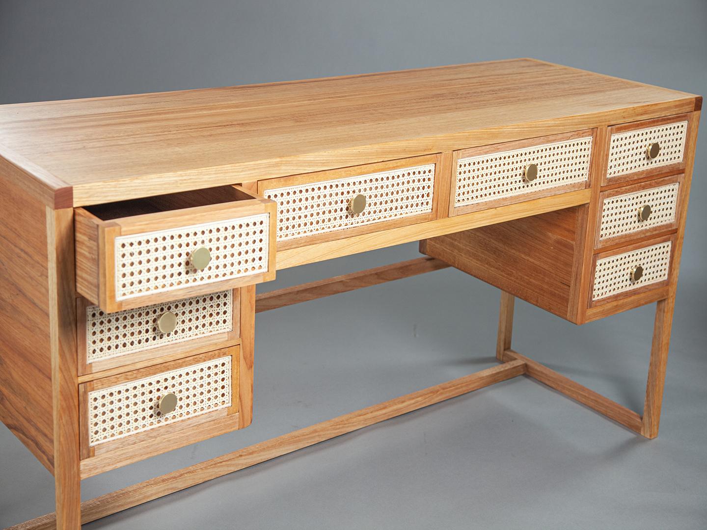 Brass The Chiquita desk with 8 drawers in Brazilian sollid wood For Sale