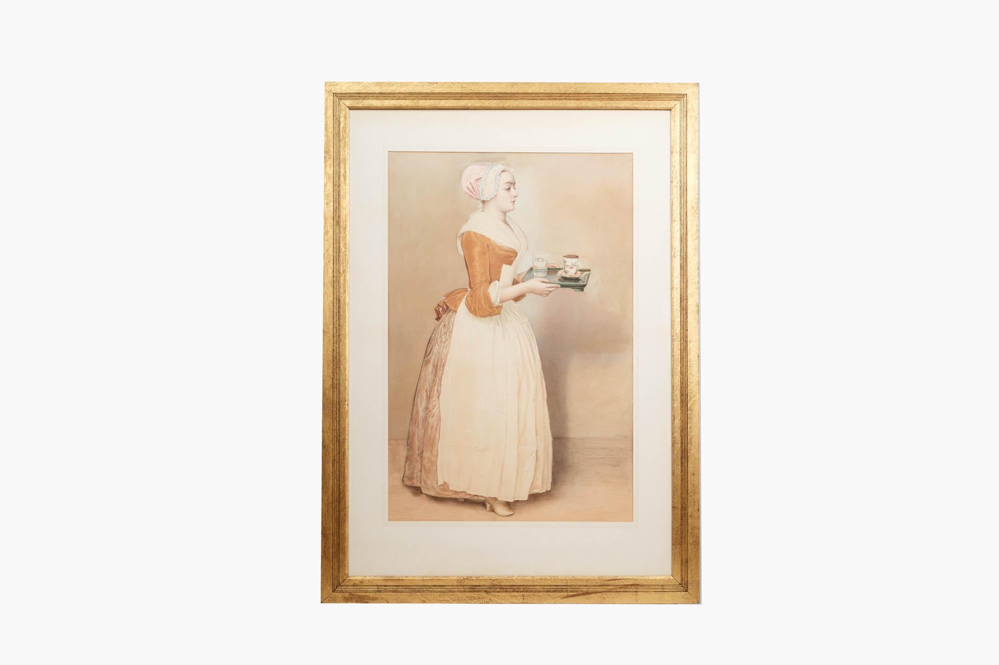 ‘The Chocolate Girl’ Watercolour by August Von Schiegel (German, 1828-1895), after a pastel work by Jean Etienne Liotards.

It shows a young German chambermaid in profile, carrying a tray with a glass of water and a cup of chocolate. The picture