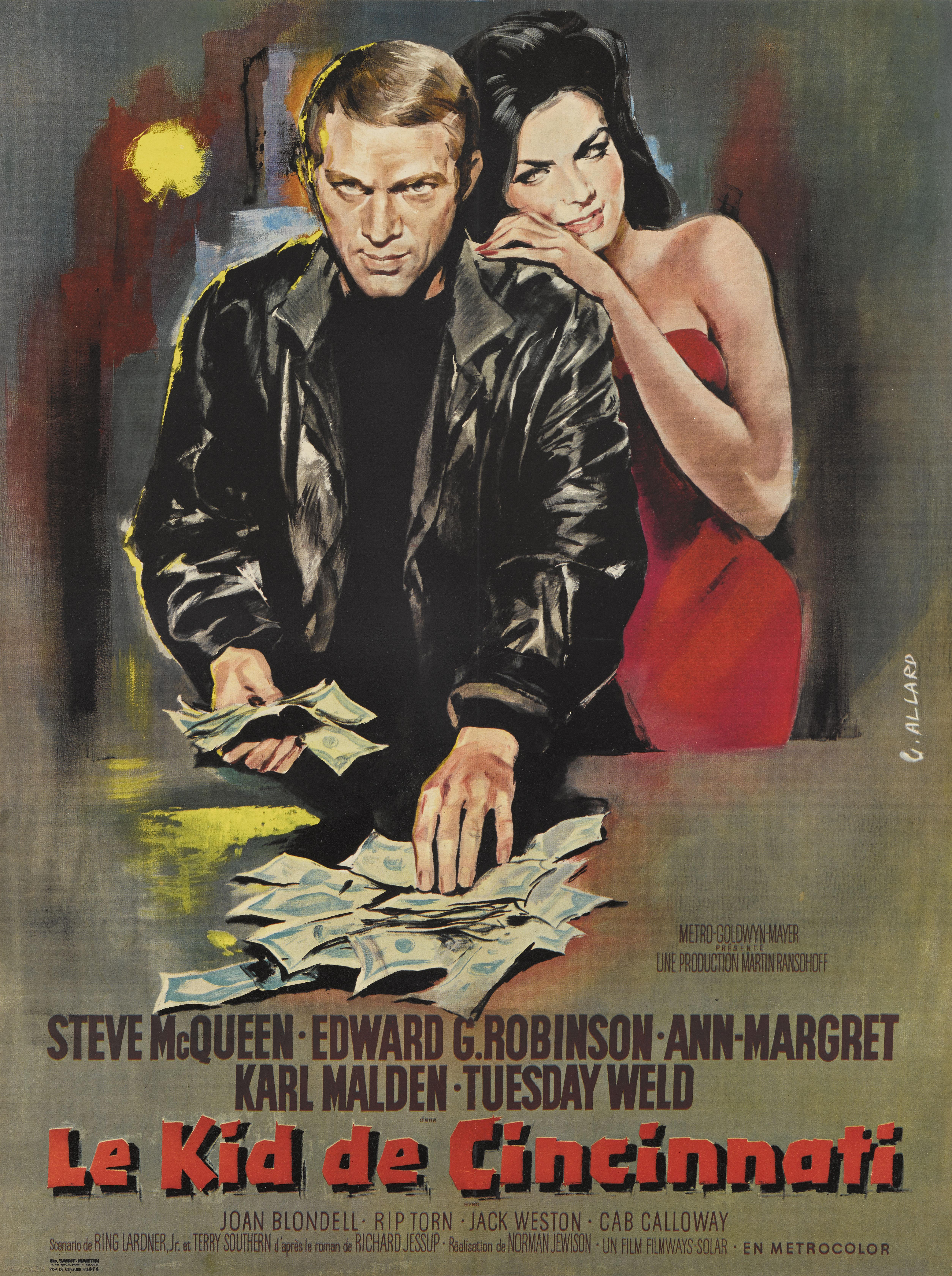 Original French film poster for The Cincinnati Kid 1965.
This American drama stars Steve McQueen as 'The Kid' and Edward G. Robinson as 'The Man', both poker players battling for the top spot. The film ends with an intense poker hand being played