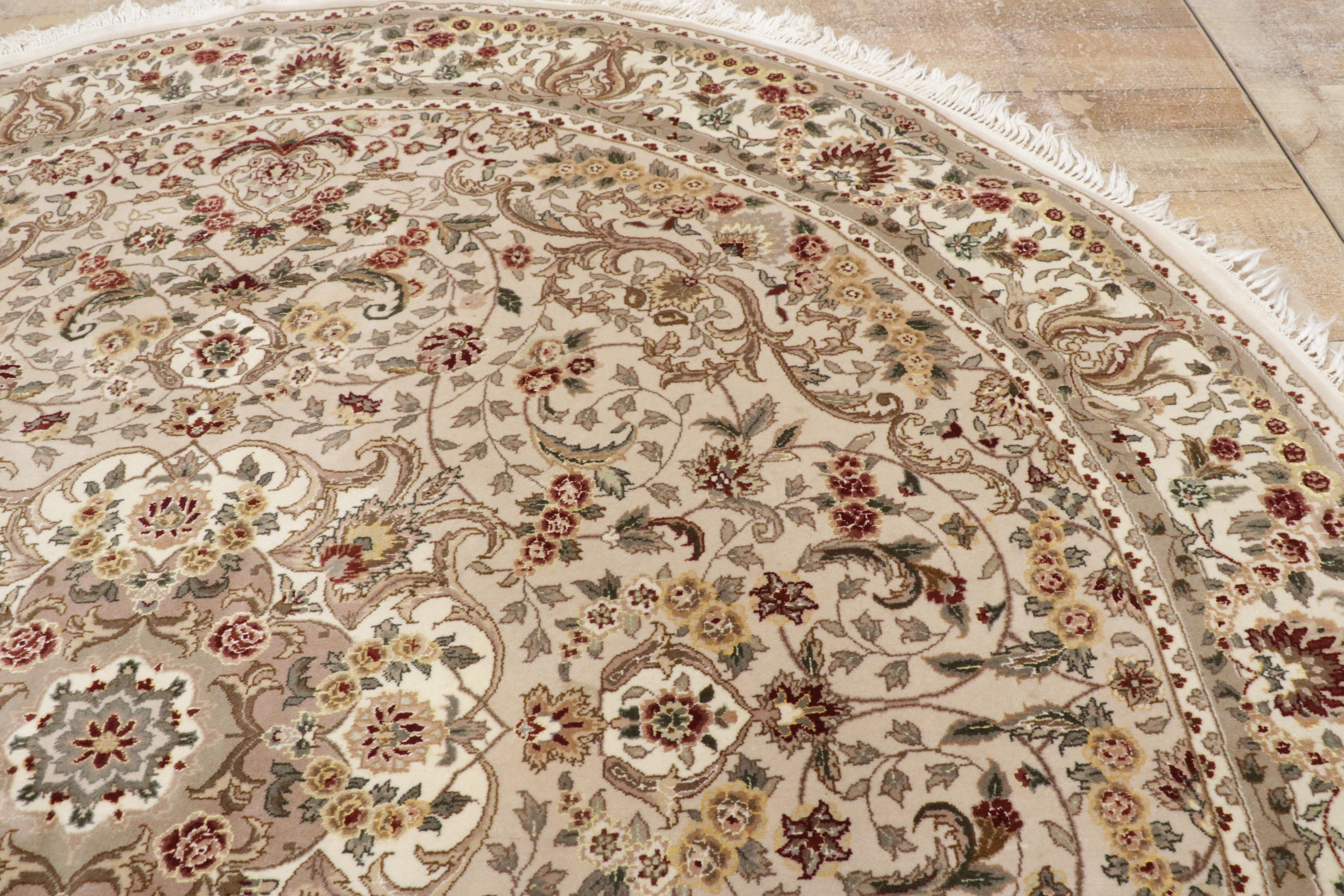 The Circle of Harmony: Round Chinese Tabriz Wool & Silk Rug of Timeless Elegance For Sale 6