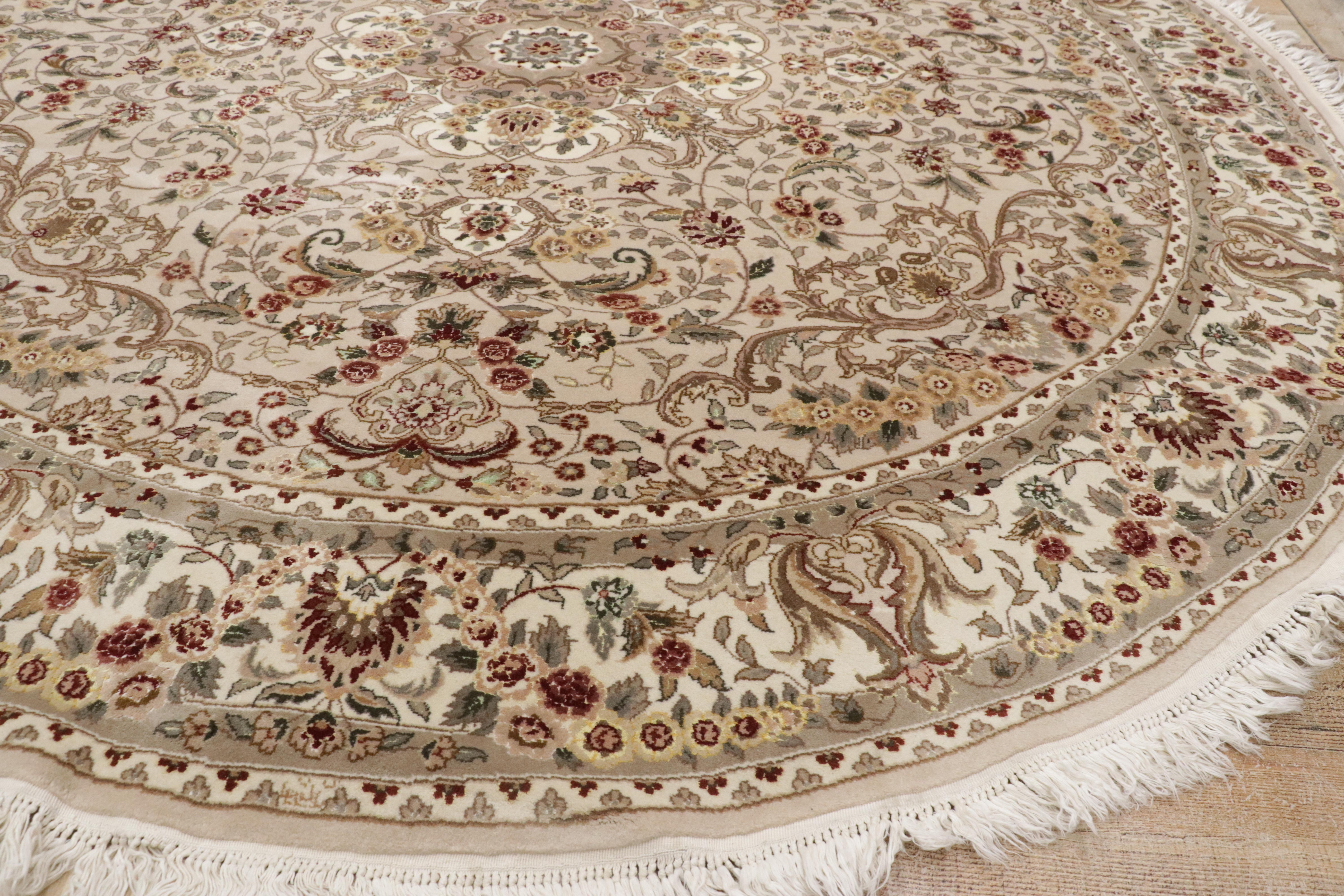 The Circle of Harmony: Round Chinese Tabriz Wool & Silk Rug of Timeless Elegance For Sale 7