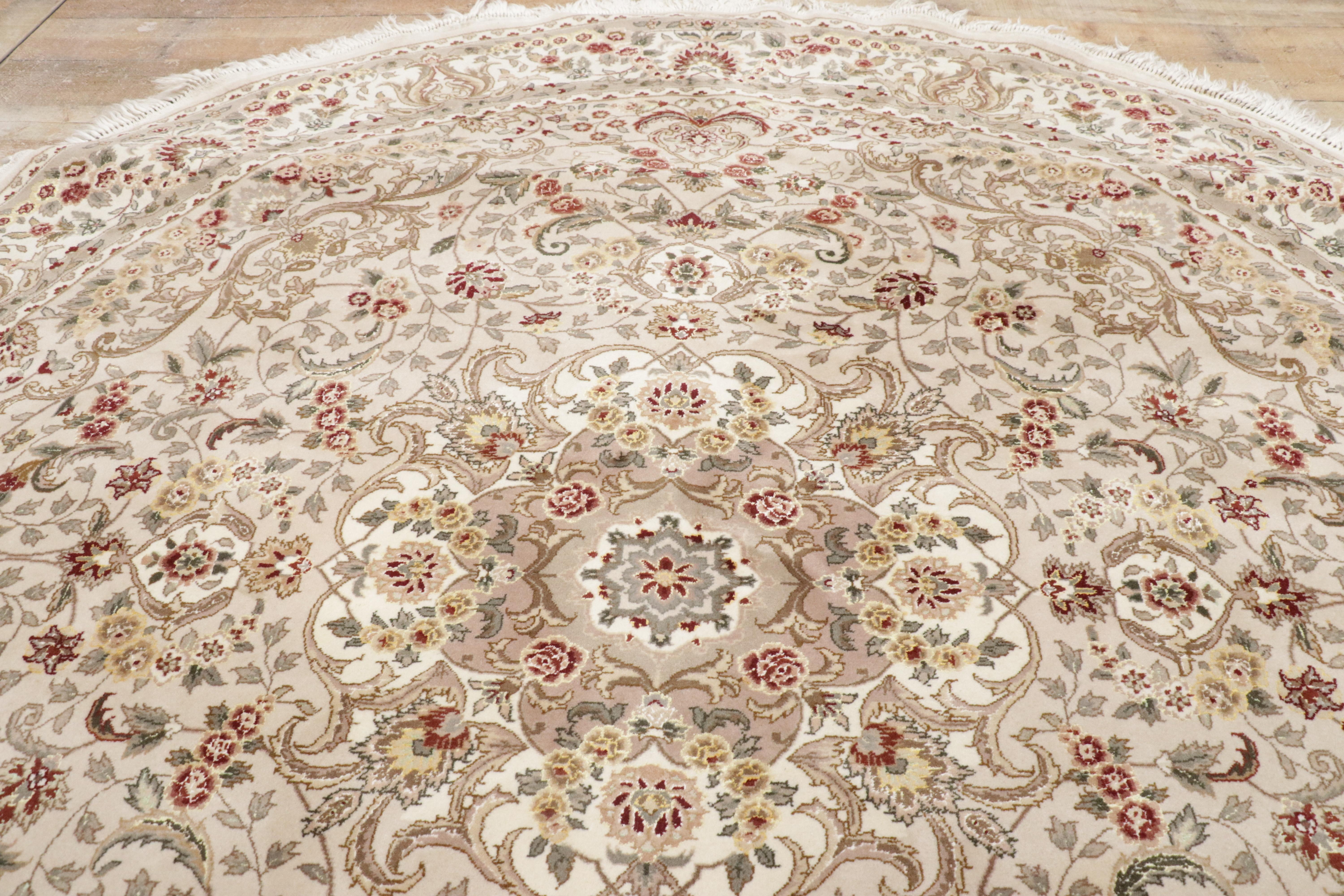The Circle of Harmony: Round Chinese Tabriz Wool & Silk Rug of Timeless Elegance For Sale 9