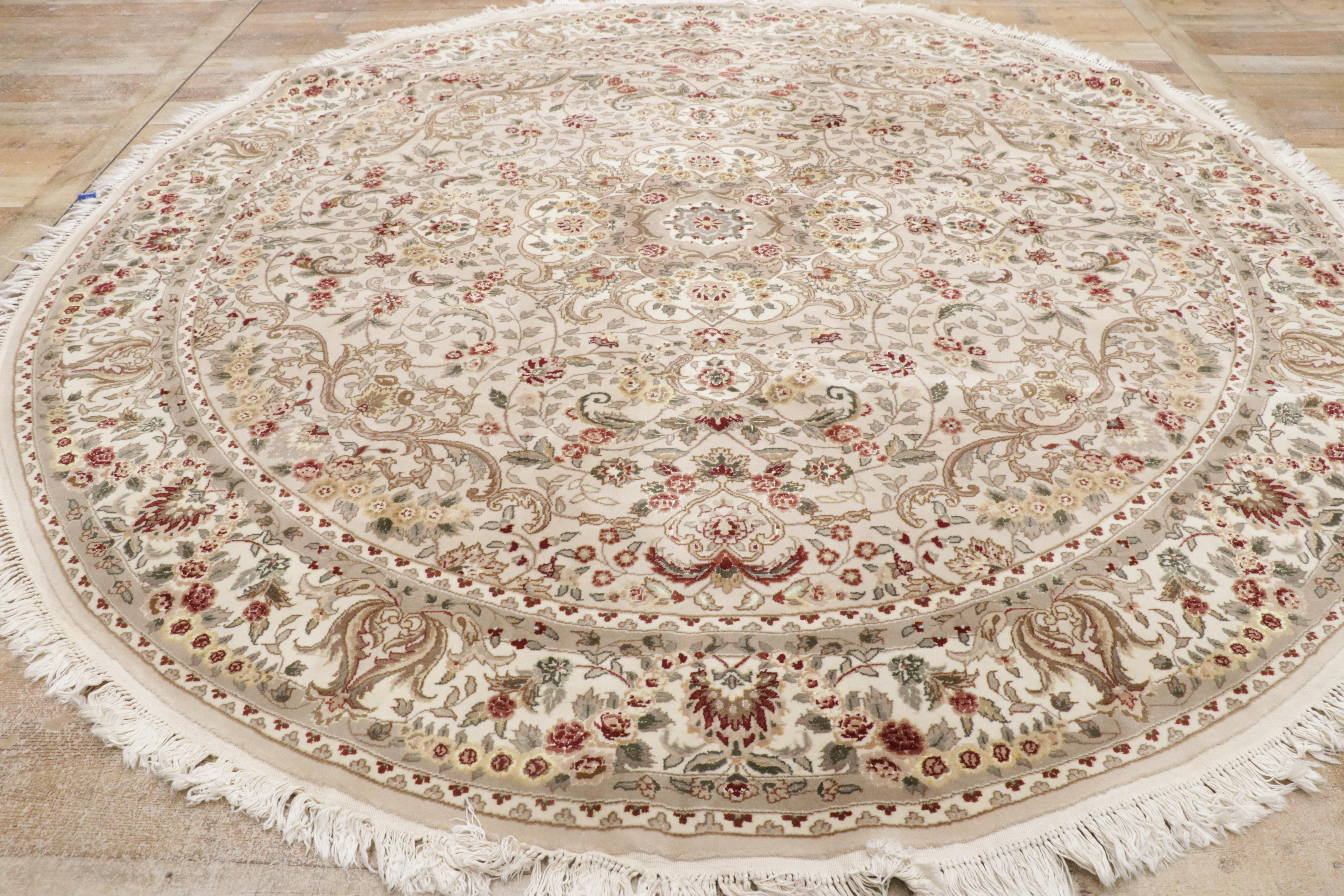 The Circle of Harmony: Round Chinese Tabriz Wool & Silk Rug of Timeless Elegance For Sale 10