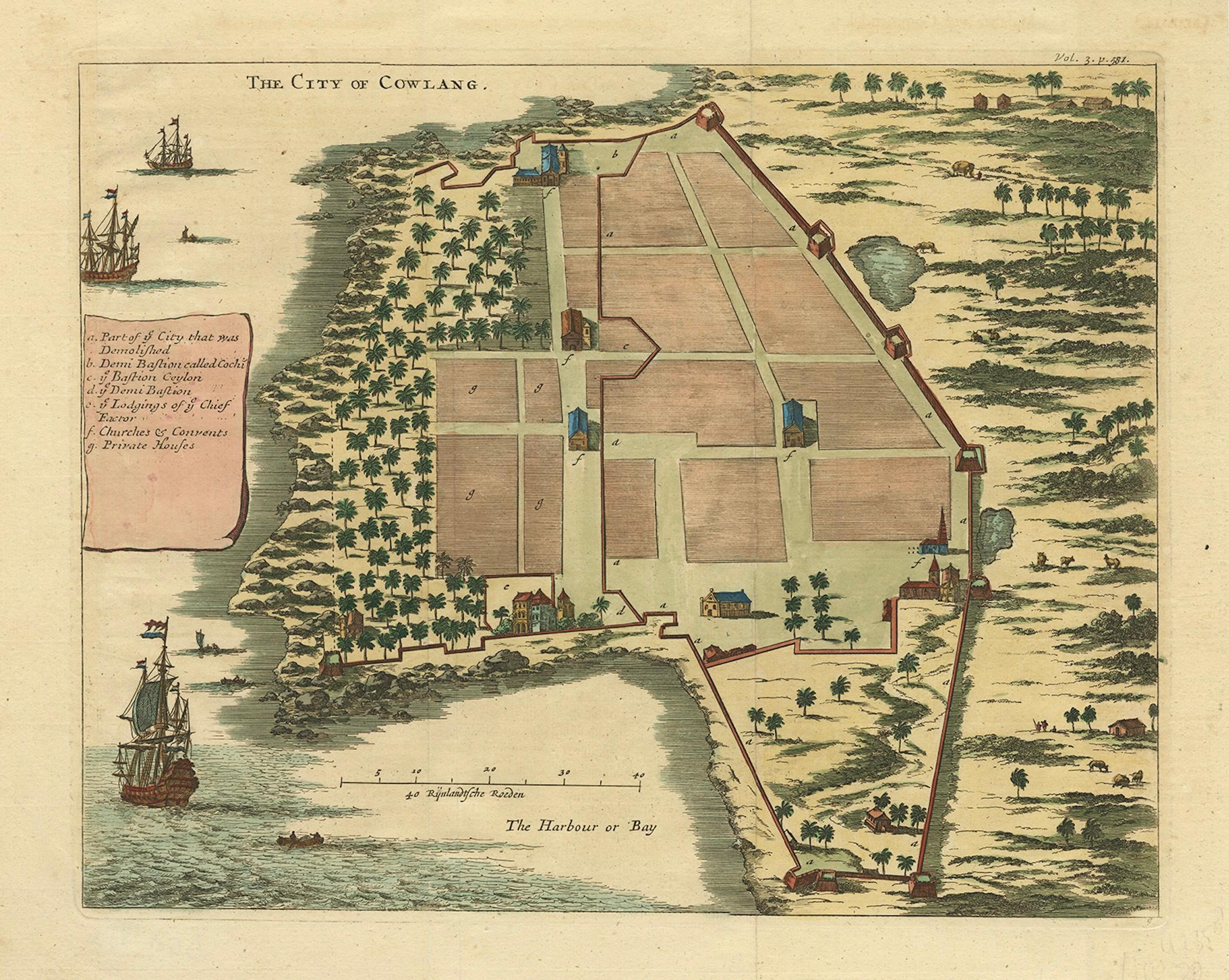 La ville de Cowlang - Carte ancienne de Kollam (Quilon), Inde par Philips I.C., c.1672

Rare et magnifique plan à vol d'oiseau du 17e siècle, coloré à la main, de la ville côtière fortifiée de Cowlang (aujourd'hui Kollam ou Quilon) sur la côte