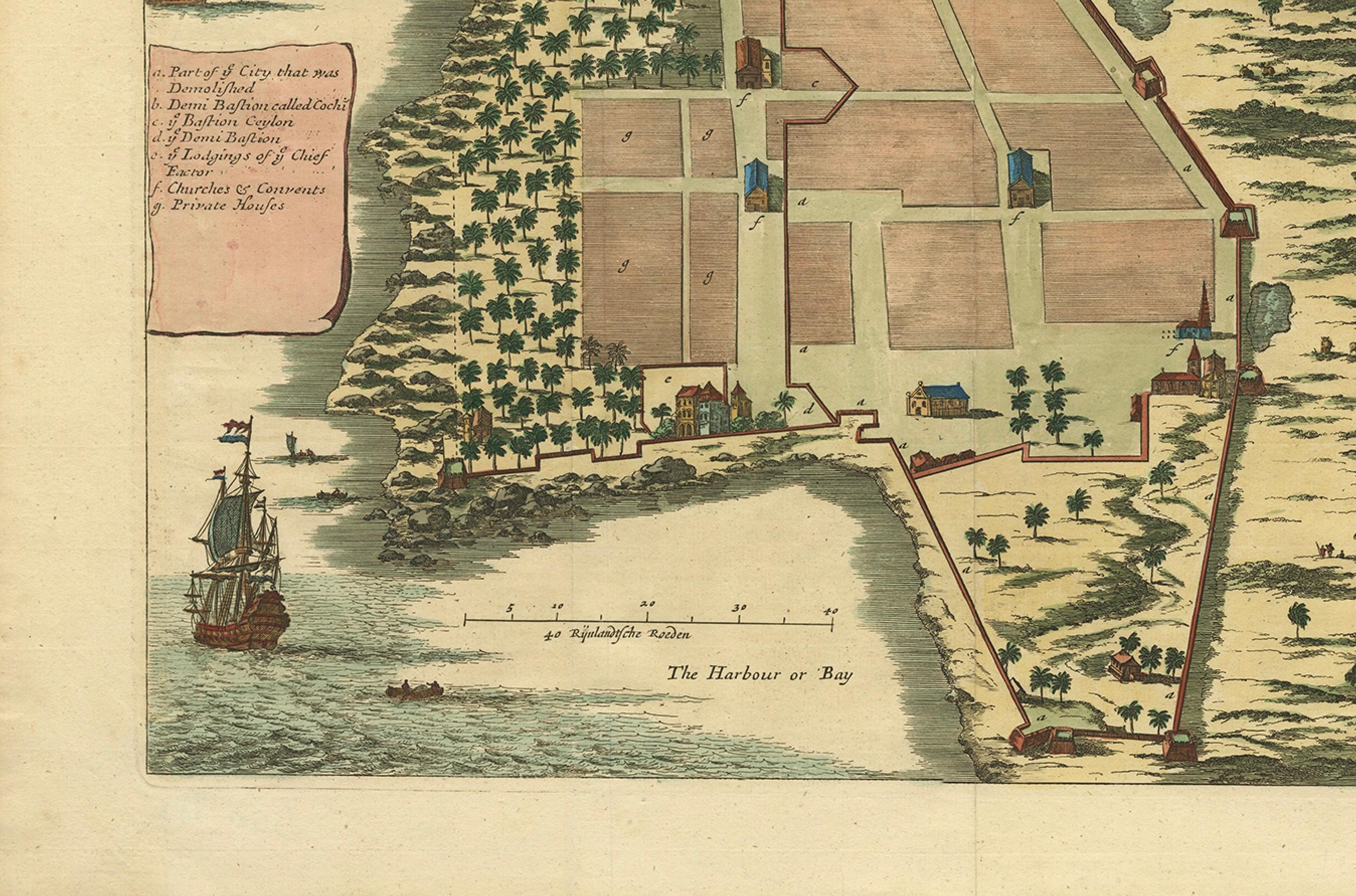 Néerlandais La ville de Cowlang - Carte ancienne de Kollam (Quilon), Inde par Baldaeus, vers 1672 en vente