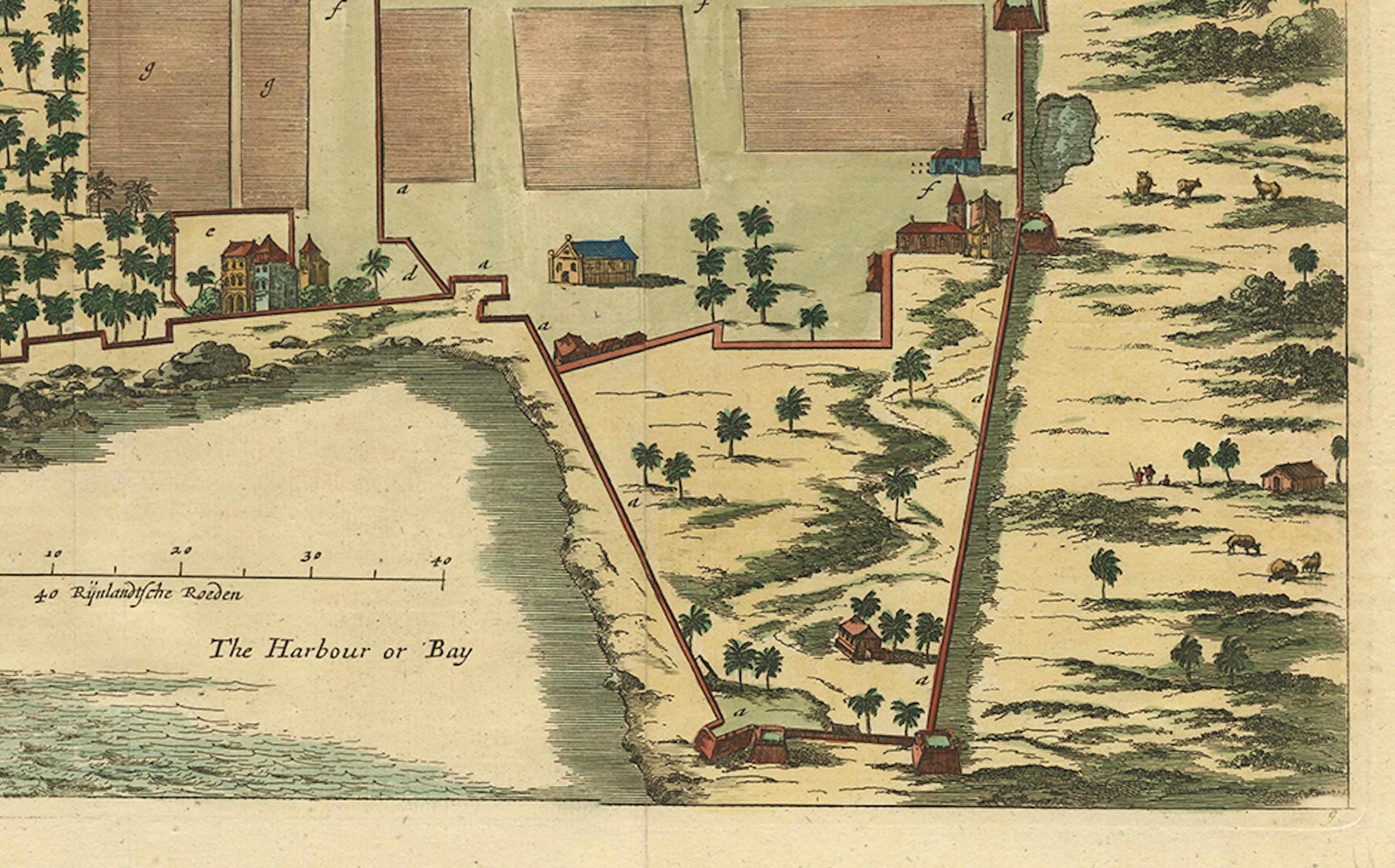 Gravé La ville de Cowlang - Carte ancienne de Kollam (Quilon), Inde par Baldaeus, vers 1672 en vente