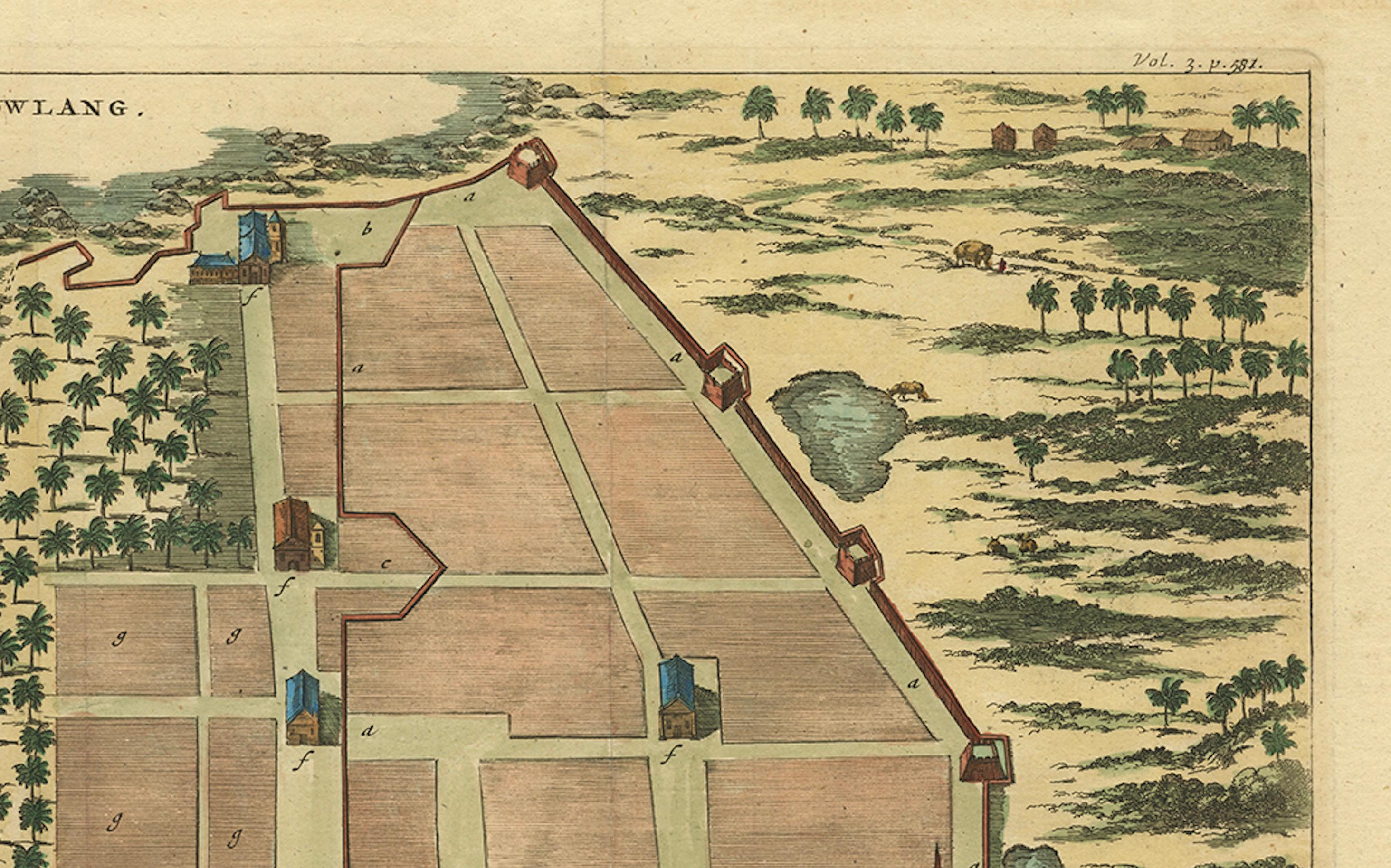 La ville de Cowlang - Carte ancienne de Kollam (Quilon), Inde par Baldaeus, vers 1672 Bon état - En vente à Langweer, NL