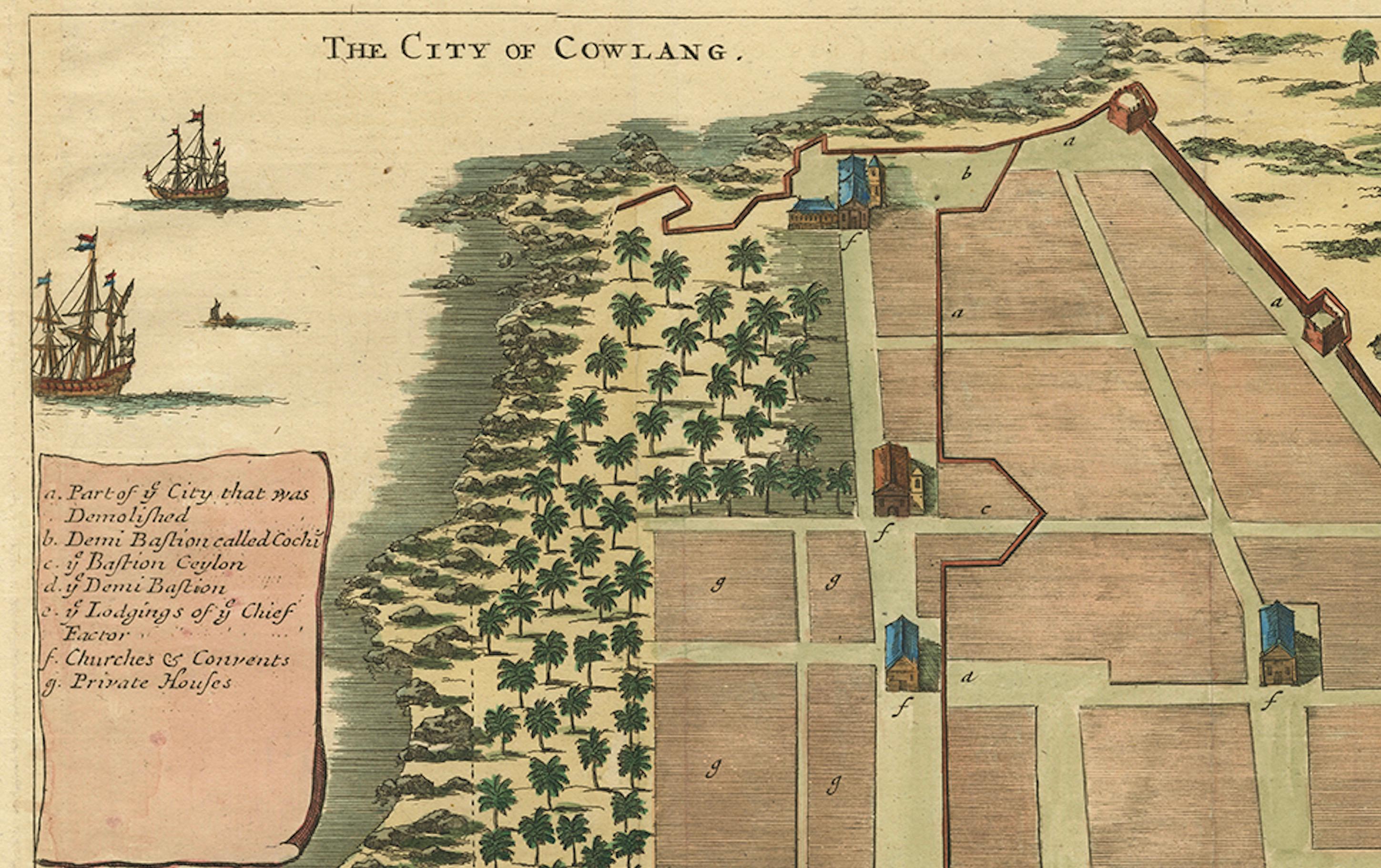 Fin du XVIIe siècle La ville de Cowlang - Carte ancienne de Kollam (Quilon), Inde par Baldaeus, vers 1672 en vente