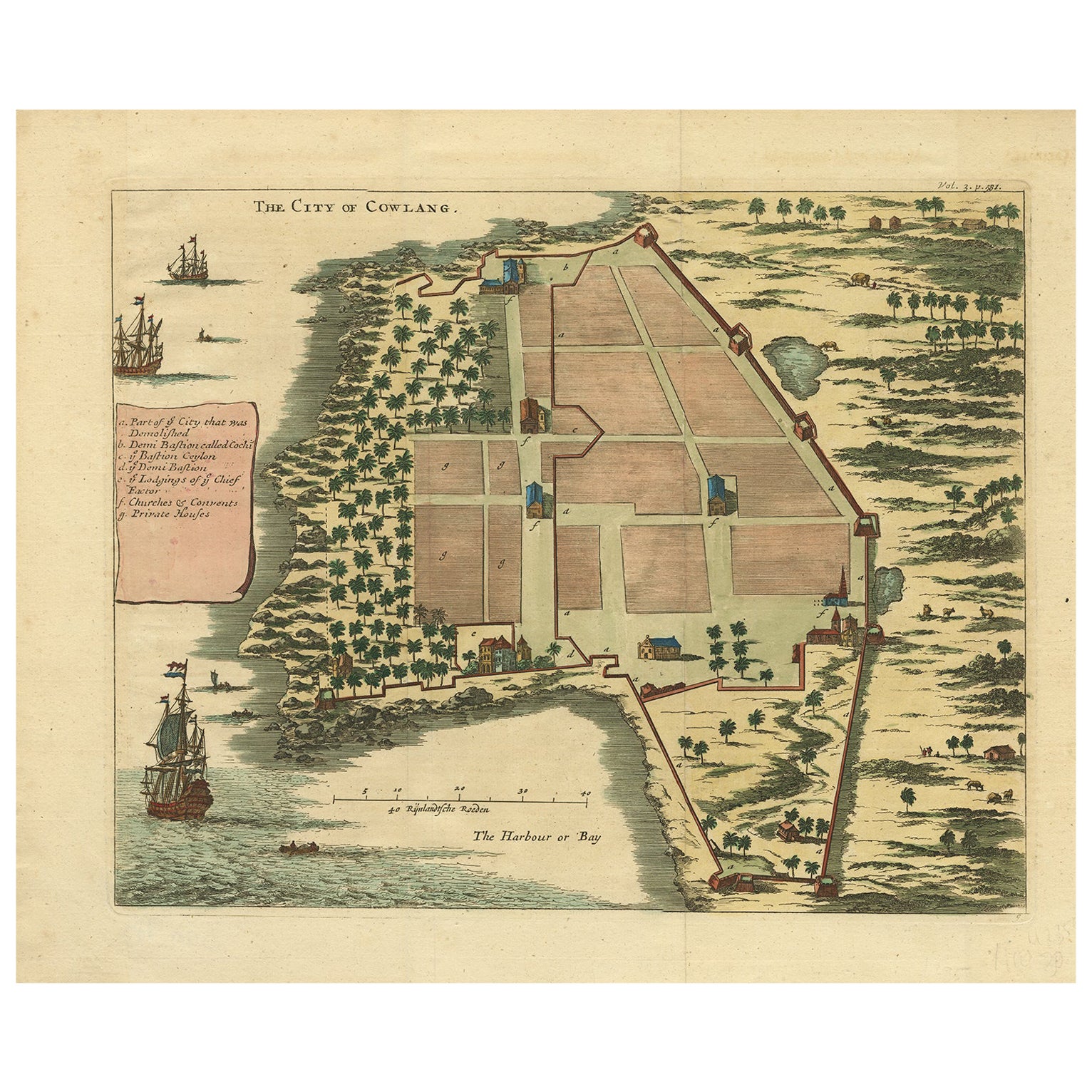 La ville de Cowlang - Carte ancienne de Kollam (Quilon), Inde par Baldaeus, vers 1672
