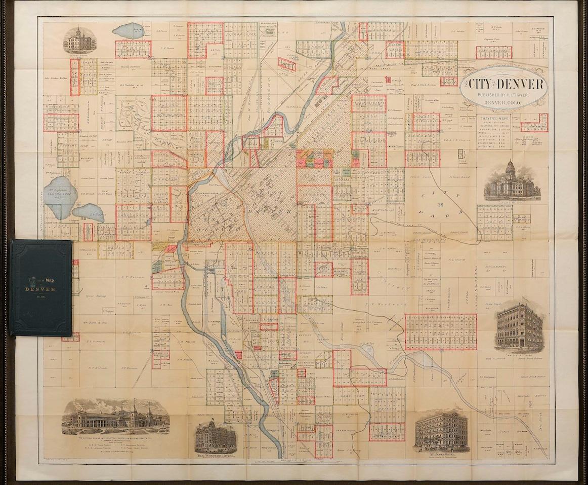 This remarkably detailed and rare map of the city of Denver, published by H.L. Thayer in 1883, is one of only two known impressions that survive today. The original booklet that holds this portable map is included in the frame. The pocket map is