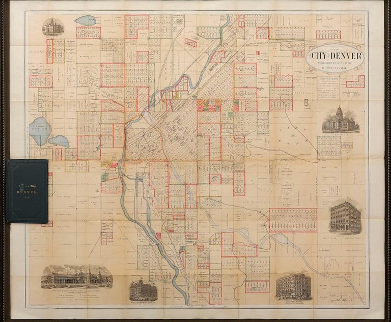 This remarkably detailed and rare map of the city of Denver, published by H.L. Thayer in 1883, is one of only two known impressions that survive today. The original booklet that holds this portable map is included in the frame. The pocket map is