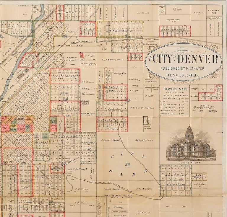 1883 The City of Denver, Colorado, Published by H.L. Thayer, Antique Map In Good Condition For Sale In Colorado Springs, CO