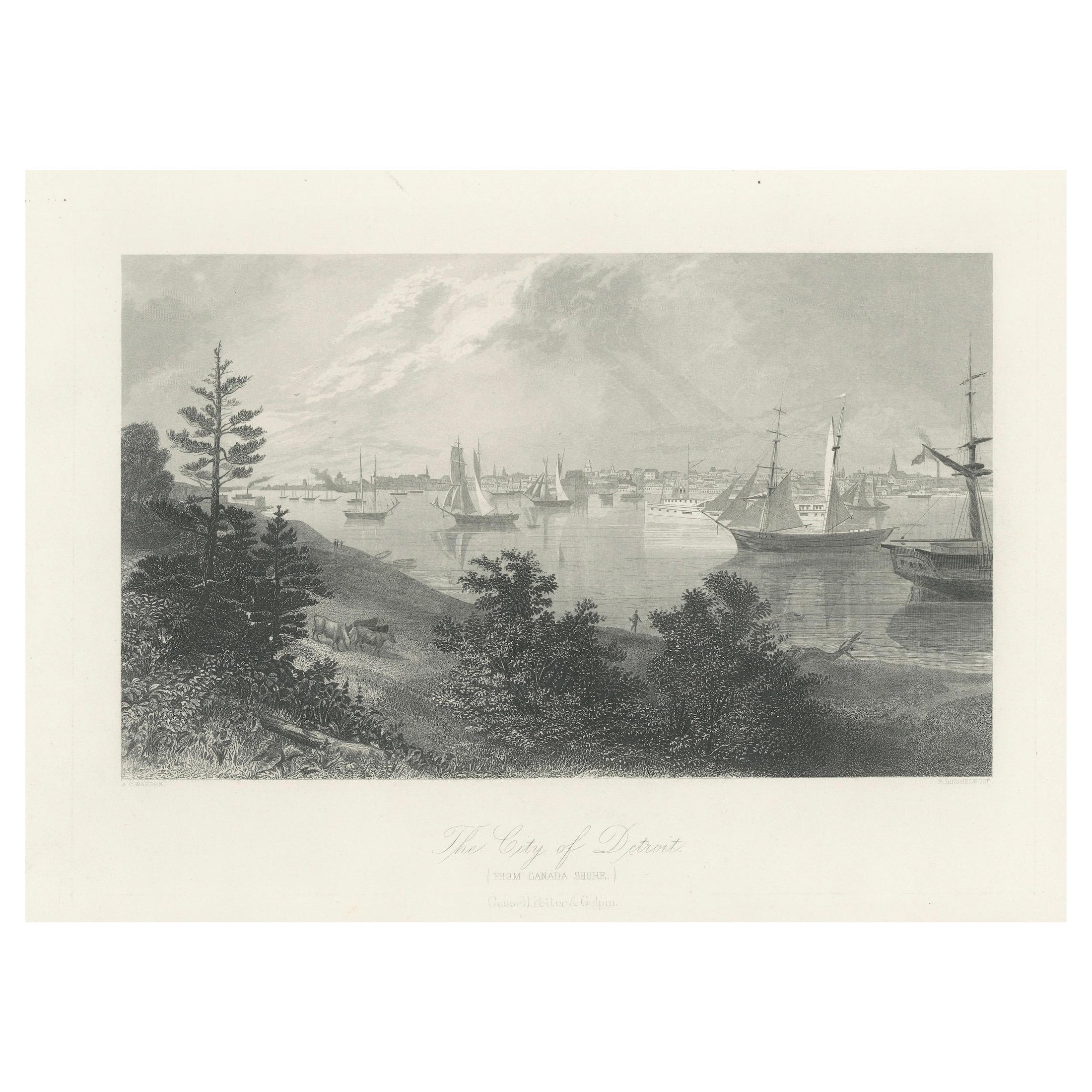 Die Stadt Detroit, Blick vom kanadischen Ufer - Antiker Hafenstich, um 1872