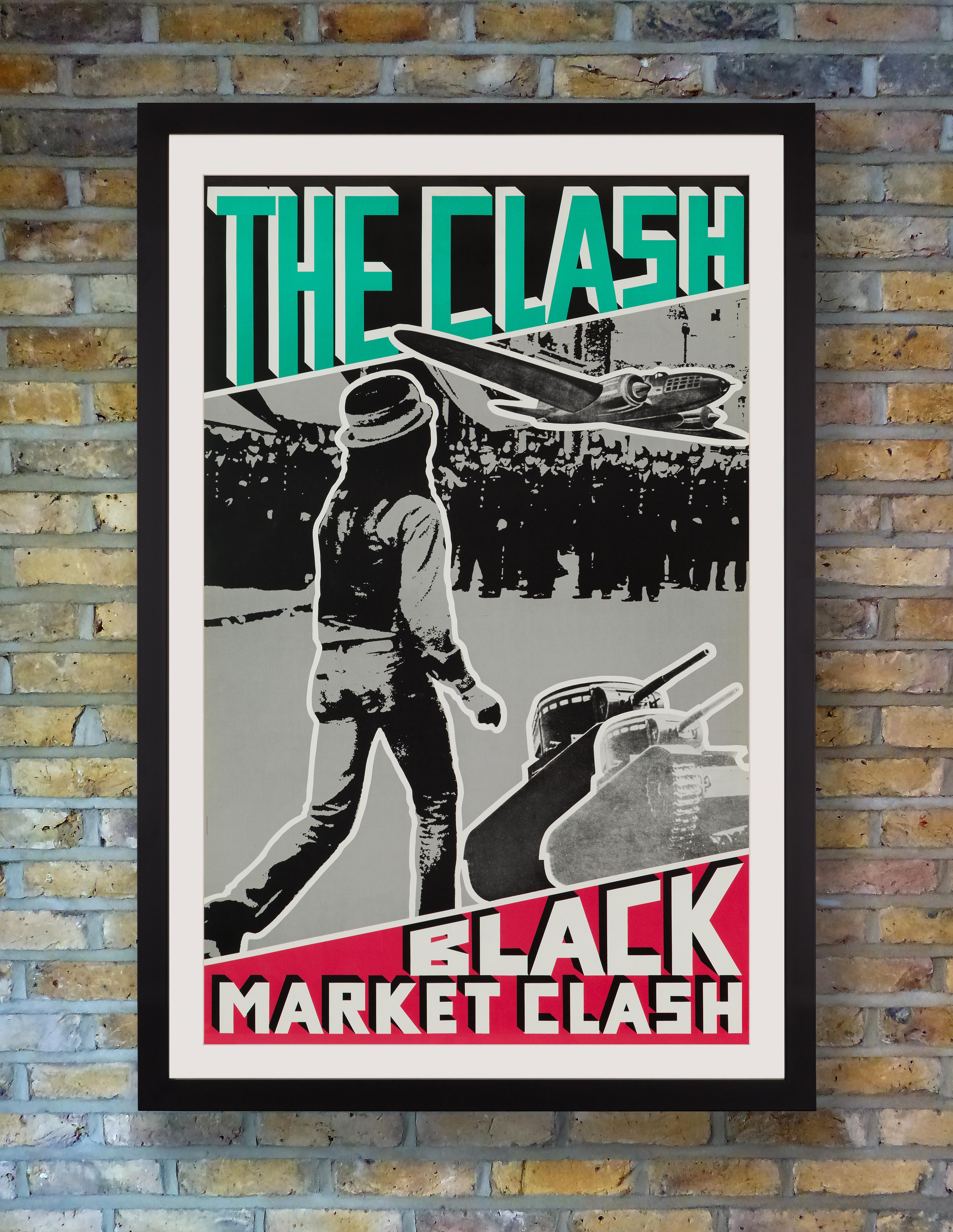 A large and striking promotional poster for The Clash's 1980 EP 'Black Market Clash,' released in the US and Canada on epic records between 'London Calling' and 'Sandinista!' as a compilation of UK B-sides and rare tracks from their then three year