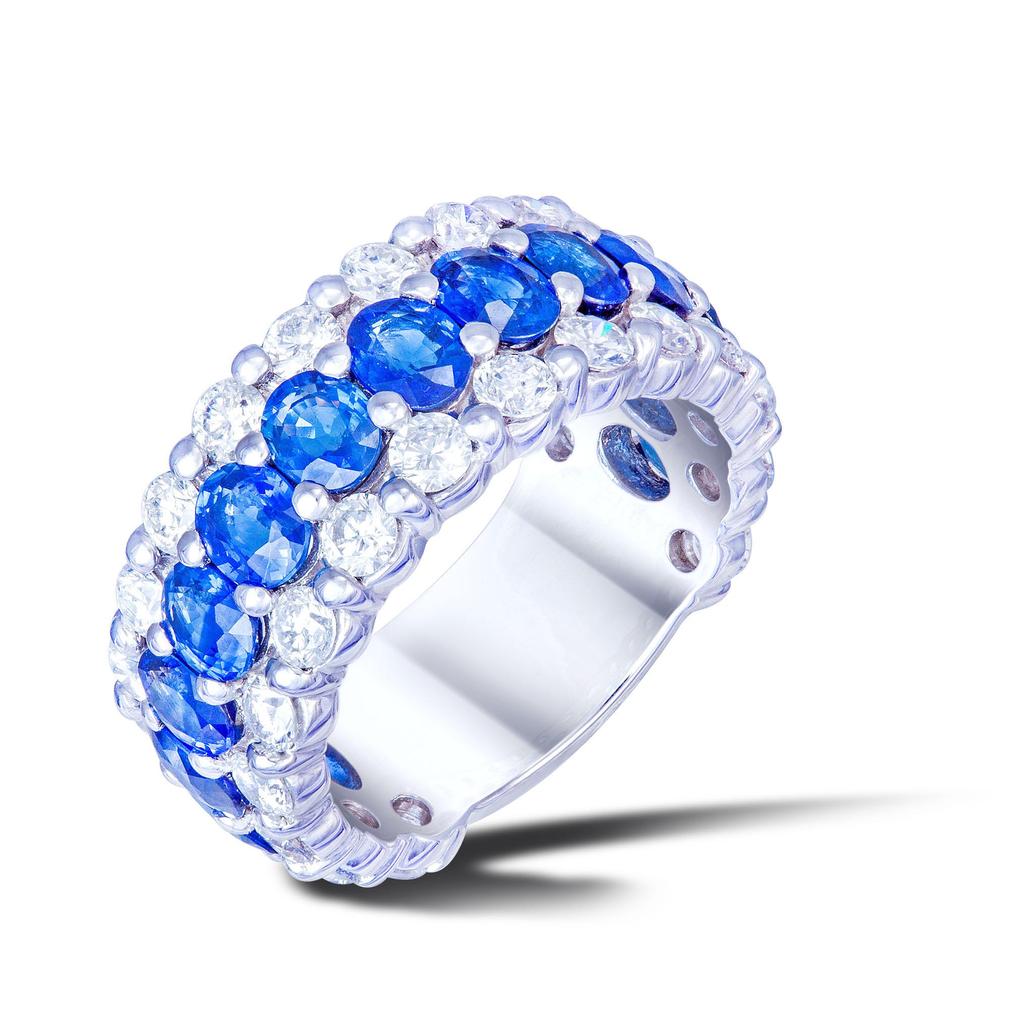 RING 18K White Gold Blue Sapphire 5.00 Cts/14 Pcs Diamond 2.17 Cts/30 Pcs