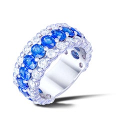 Classic Blue Sapphire White Diamond White Gold Band Ring for Her 18k