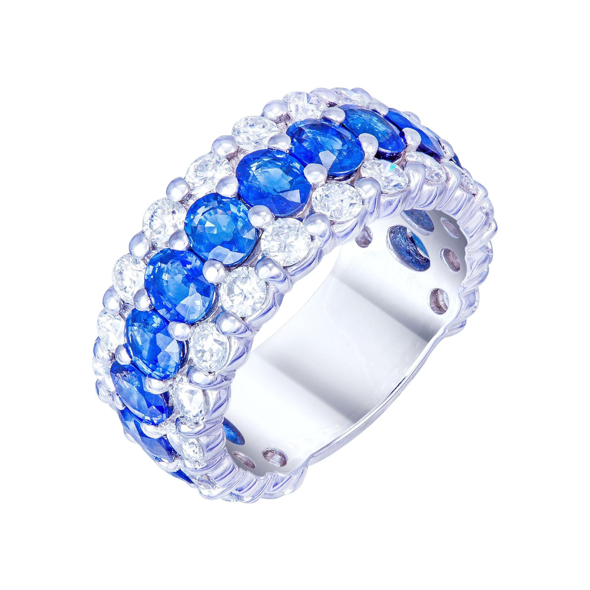 The Classic Blue Sapphire White Diamond White Gold Band Ring for Her 18k