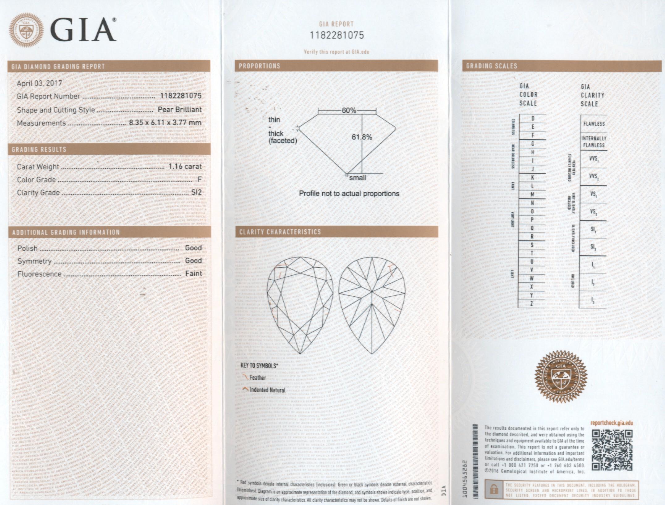 Bague classique en platine avec diamant en forme de poire de 1,16 carat, certifié GIA F SI1 en vente 1