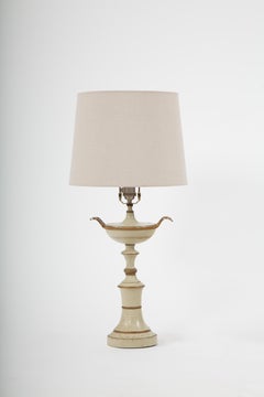 The Classical Glow: Pair of Mid Century Cream Tole Painted Kylix Shaped Lamps