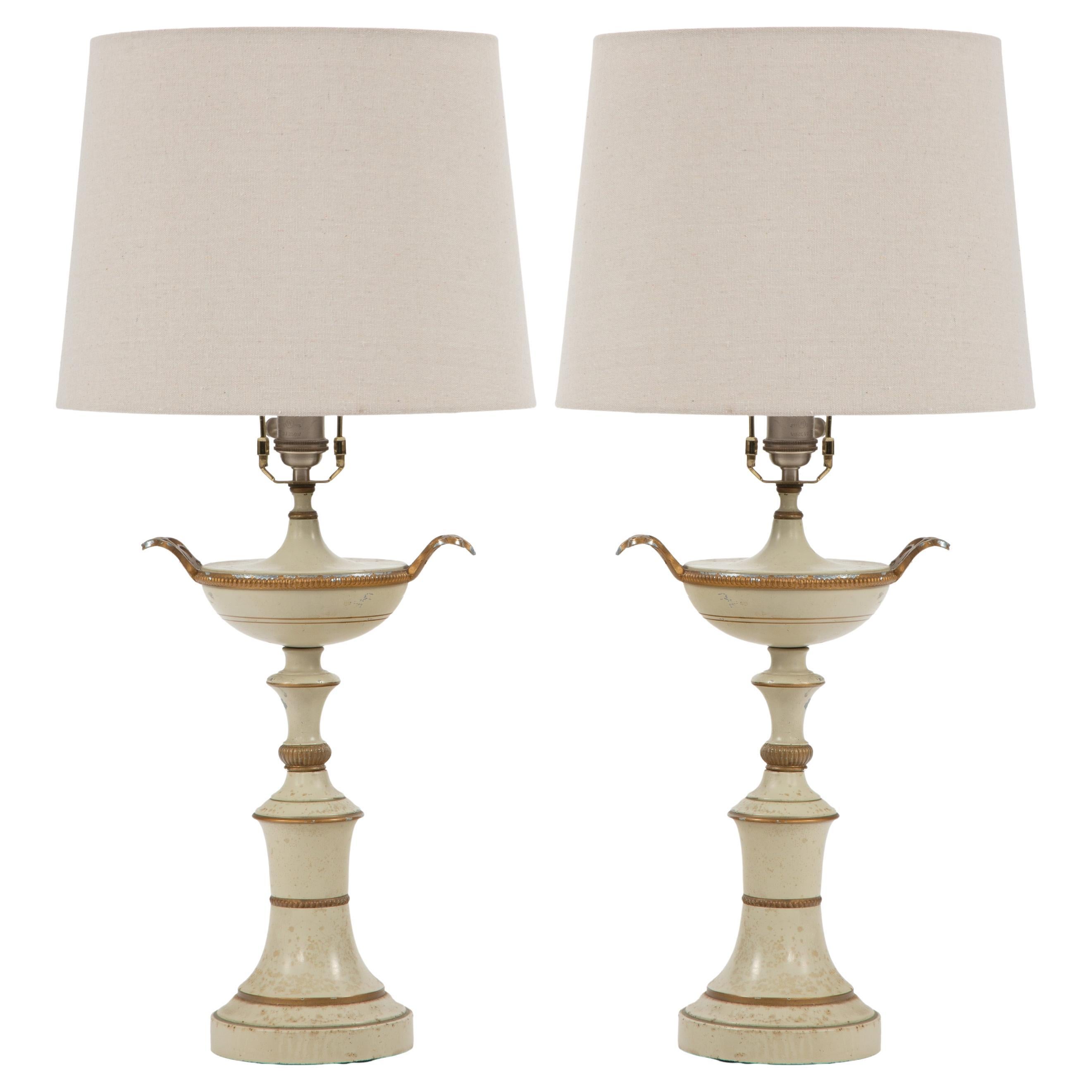 The Classical Glow: Pair of Mid Century Cream Tole Painted Kylix Shaped Lamps For Sale