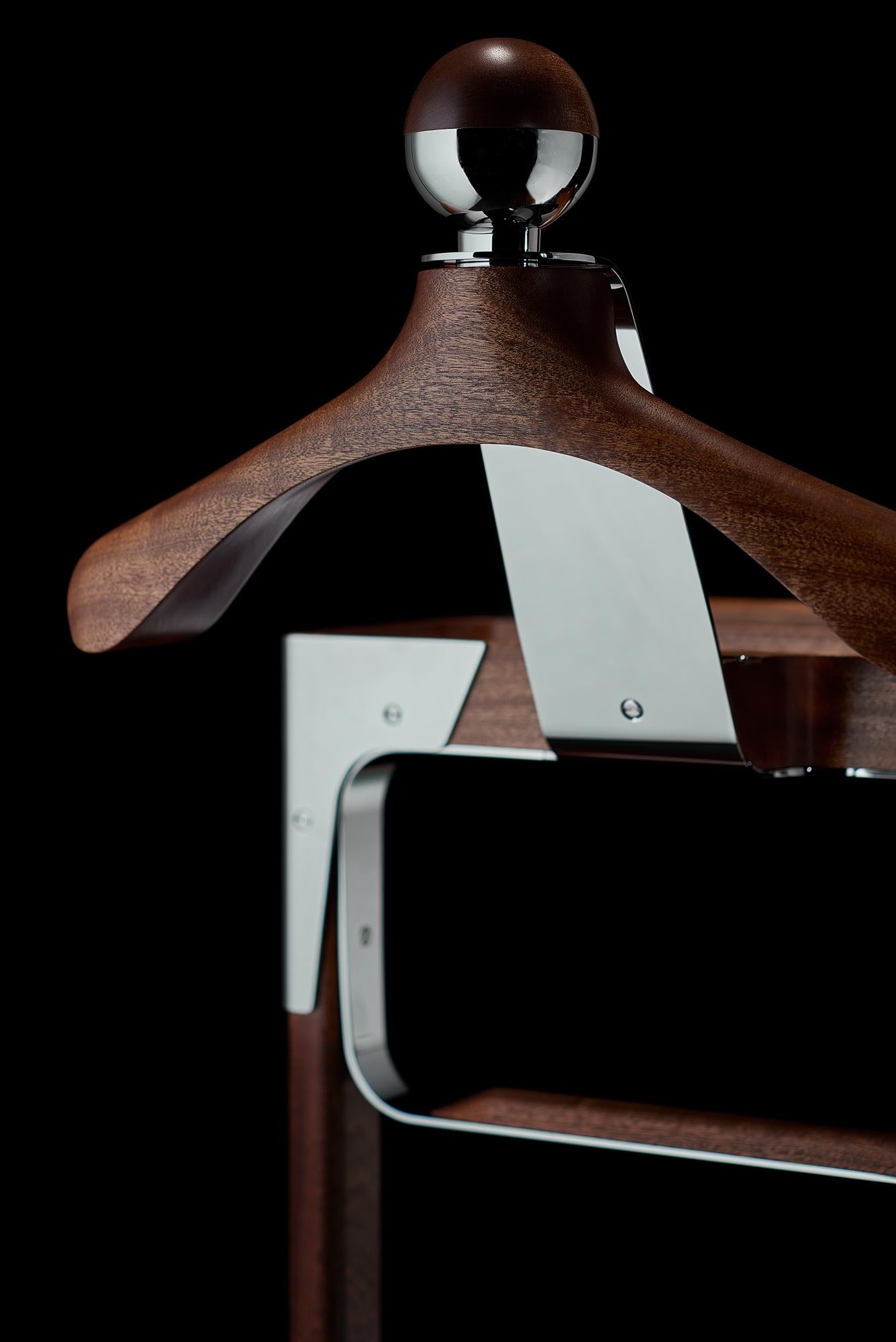 Oiled The Classical Valet Stand by Honorific in Stainless Steel and Sapele Hardwood For Sale