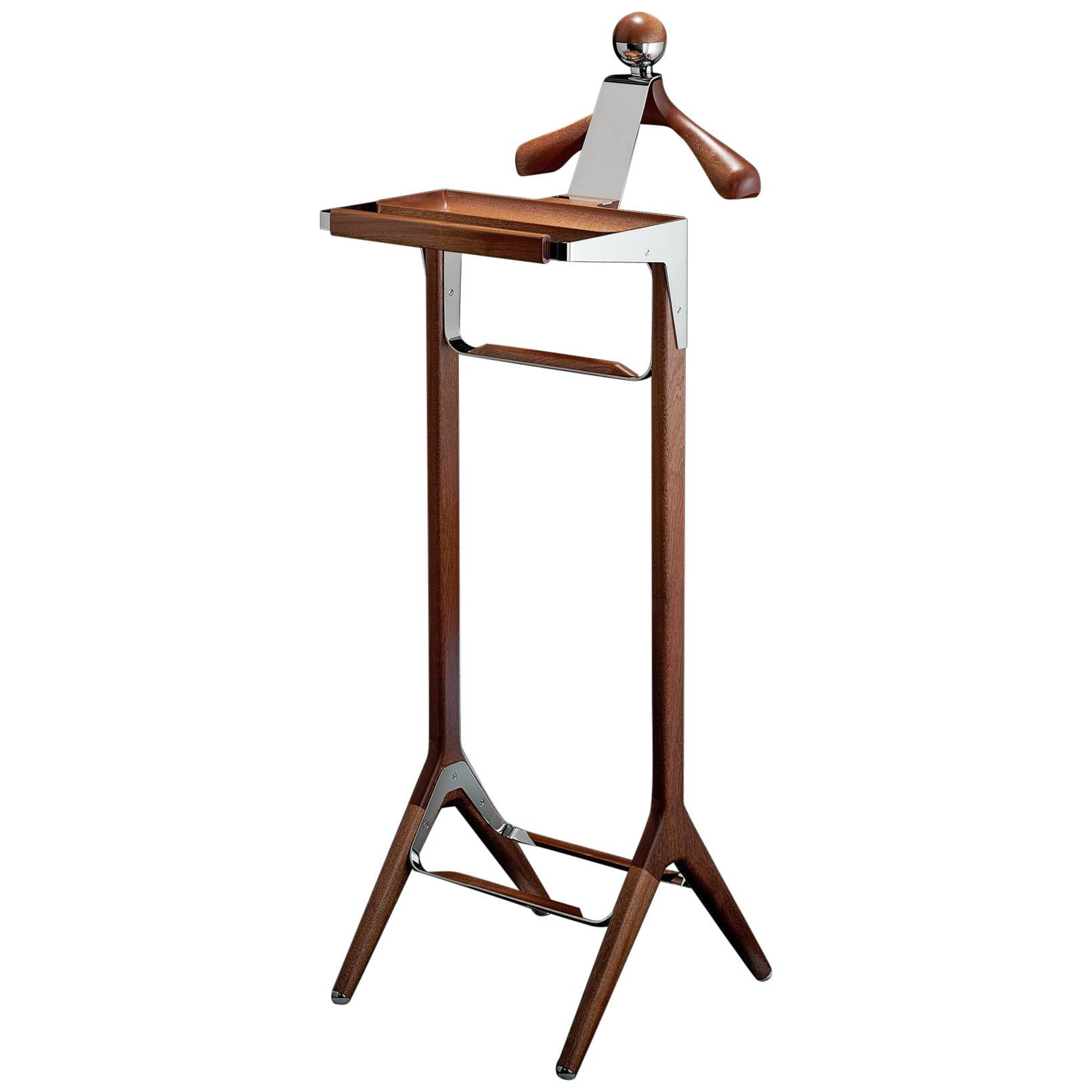 The Classical Valet Stand by Honorific in Stainless Steel and Sapele Hardwood For Sale