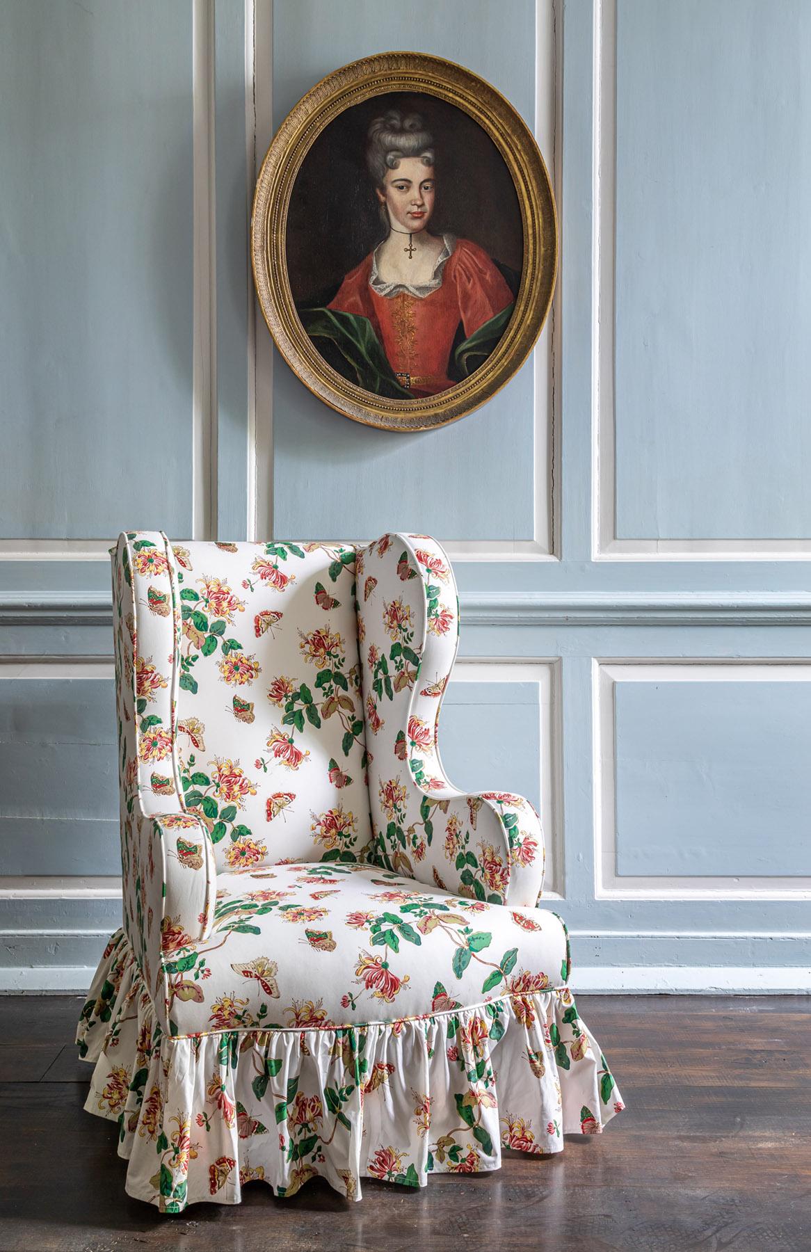 Edwardian The Clementine Wing chair with Frilled Skirt upholstered in Honeysuckle For Sale