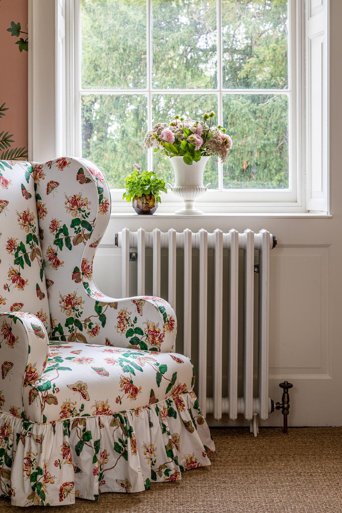Hand-Crafted The Clementine Wing Chair, with Frilled Skirt upholstered in Honeysuckle For Sale