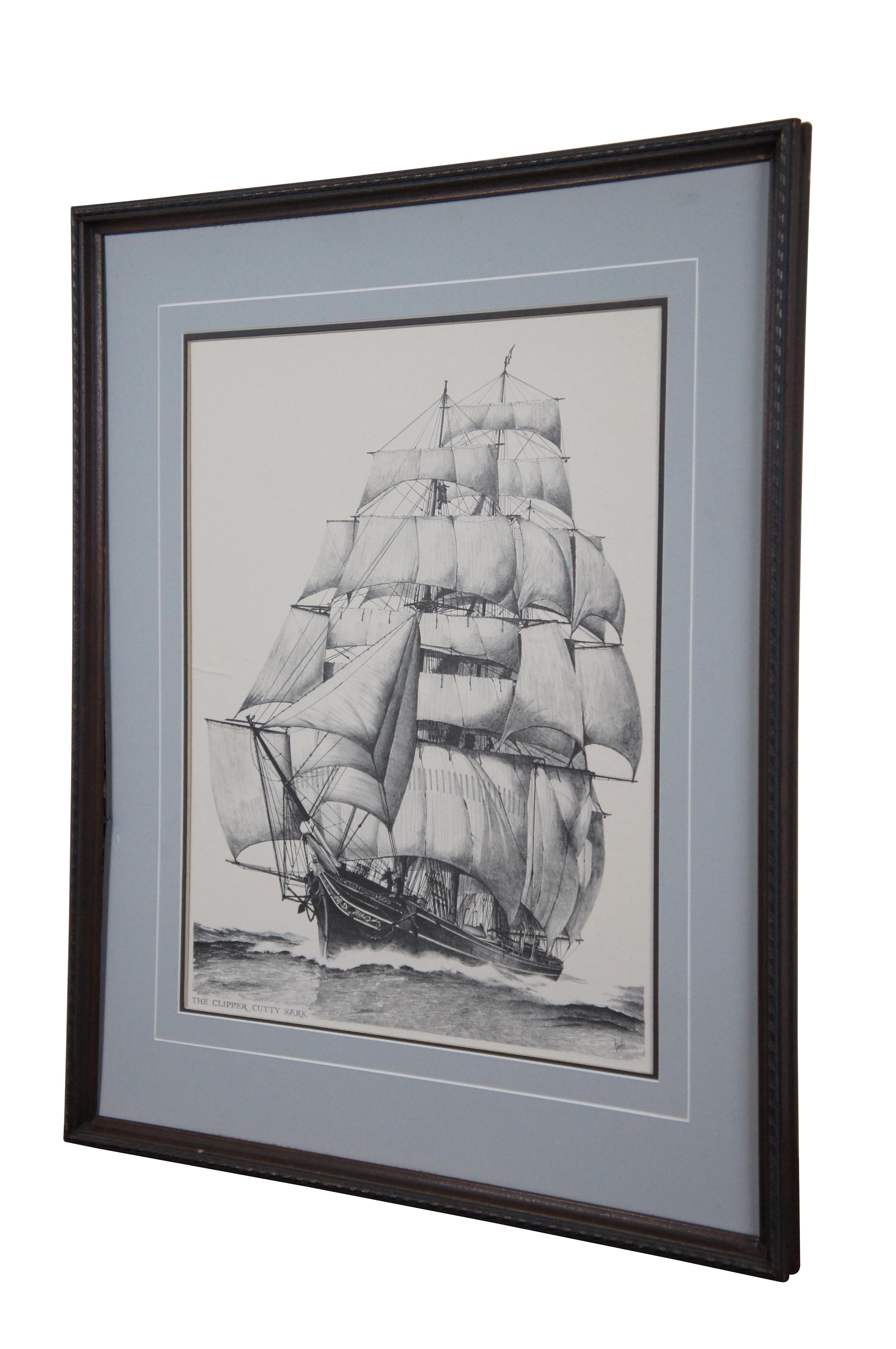 Late 20th century black and white seascape lithograph print depicting “The Clipper Cutty Sark” from an engraving by Fowler. Displayed in a neatly carved dark wood frame.

Cutty Sark is a British clipper ship. Built on the River Leven, Dumbarton,