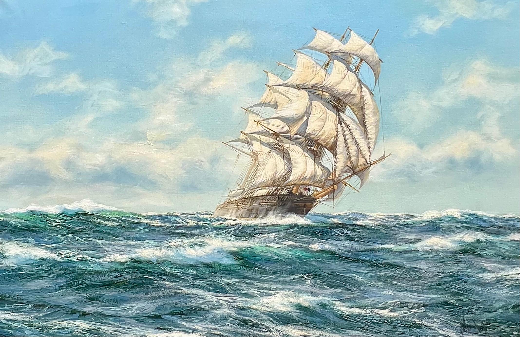 An original oil painting on canvas signed lower left featuring the clipper ship Flying Fish.  

Provenance:
MacConnal-Mason and Son, Ltd. London
Private collection USA
Bradbury Art and Antiques Wiscasset, ME

Flying Fish was a California clipper